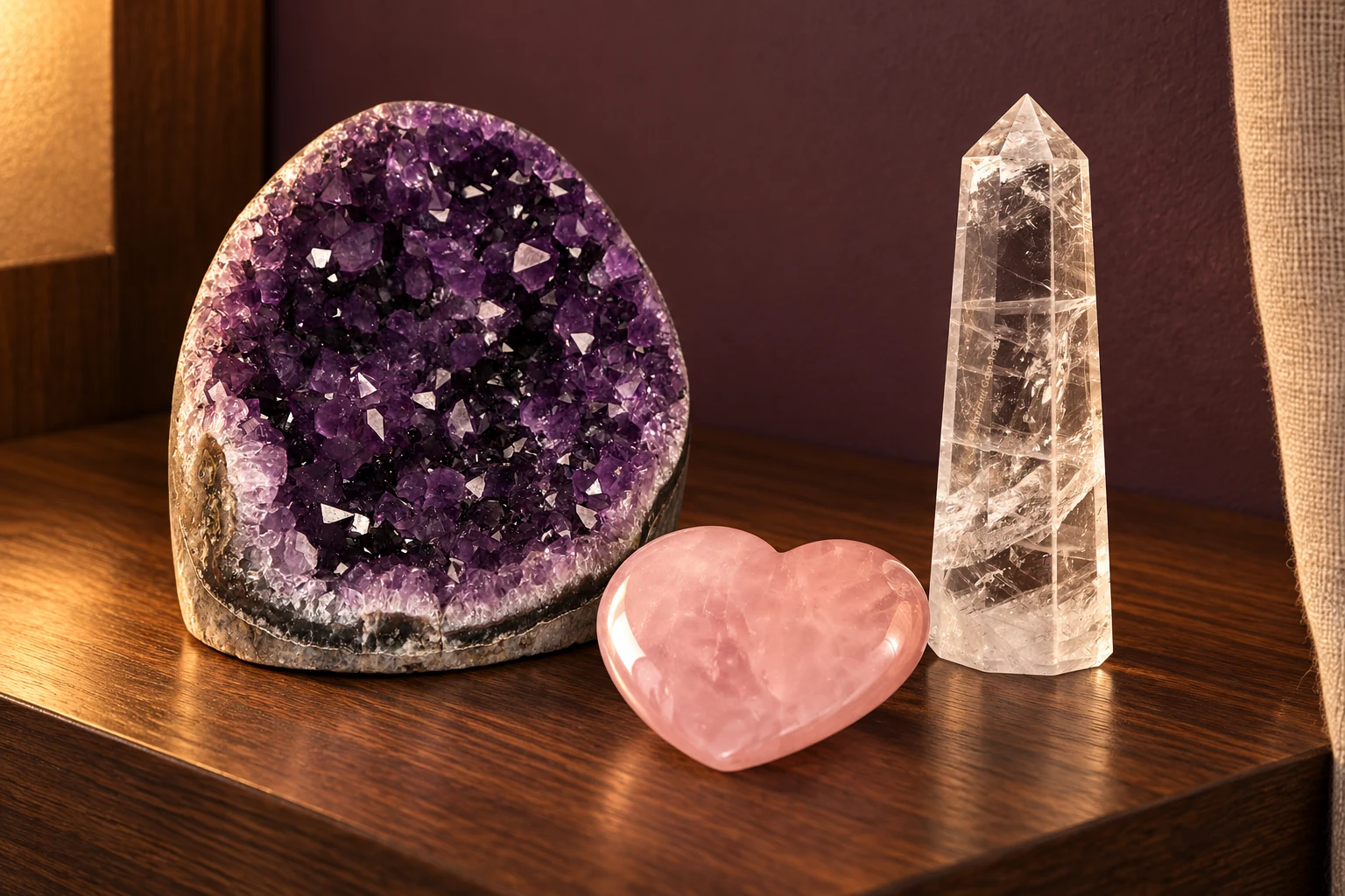 A deep violet amethyst cluster, pink rose quartz heart, and clear quartz tower on a warm wooden bedside table.