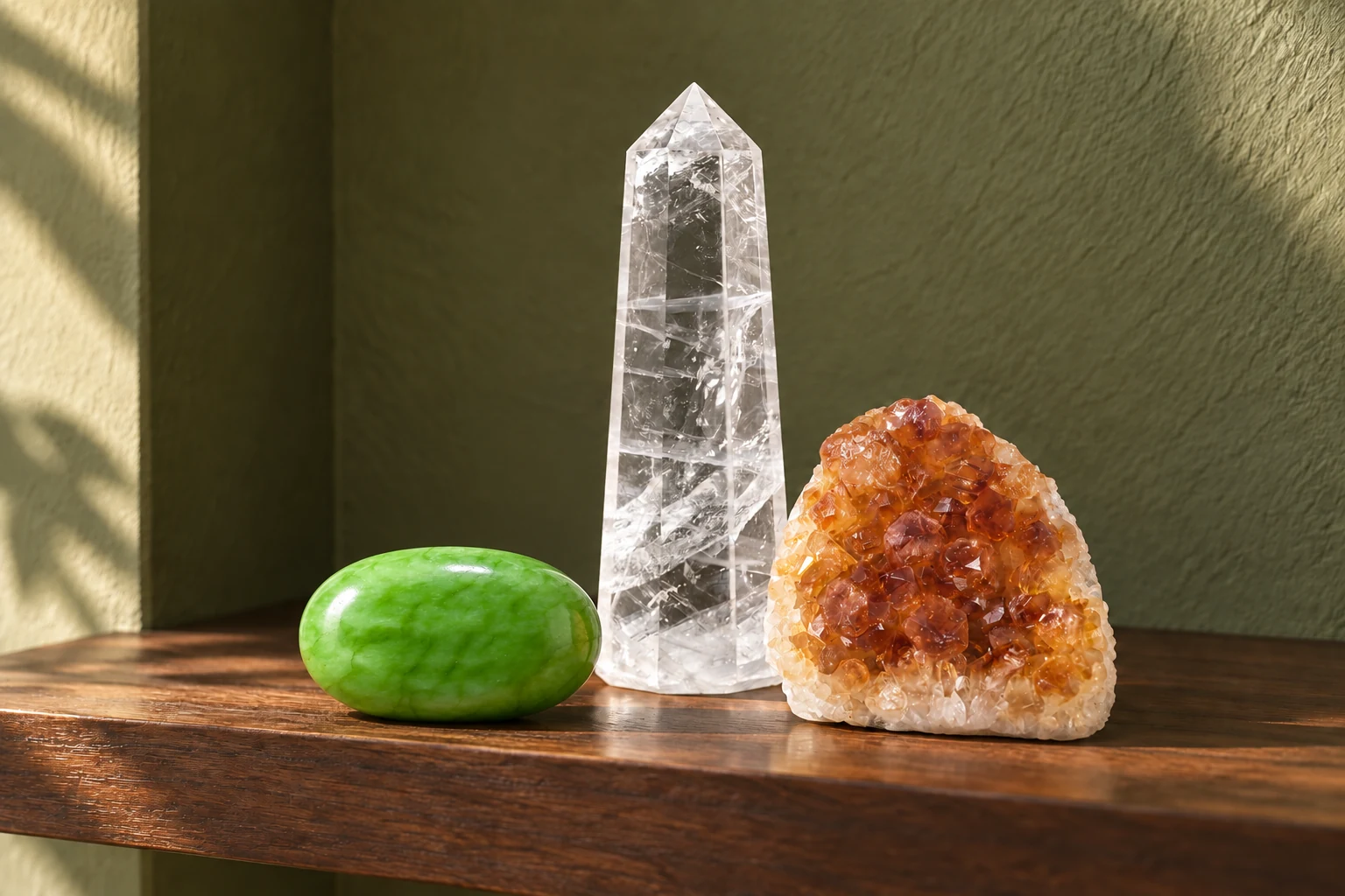 A green aventurine palm stone, clear quartz tower, and amber citrine cluster on a sunlit wooden shelf against an olive wall.