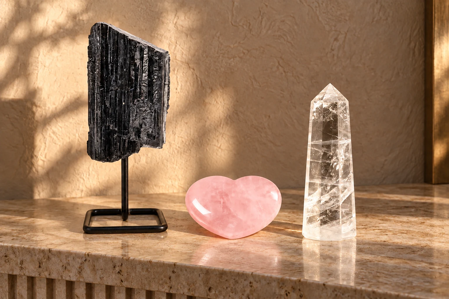 Black tourmaline on its dark display stand, a pink rose quartz heart, and a clear quartz tower on a pale stone entryway console.