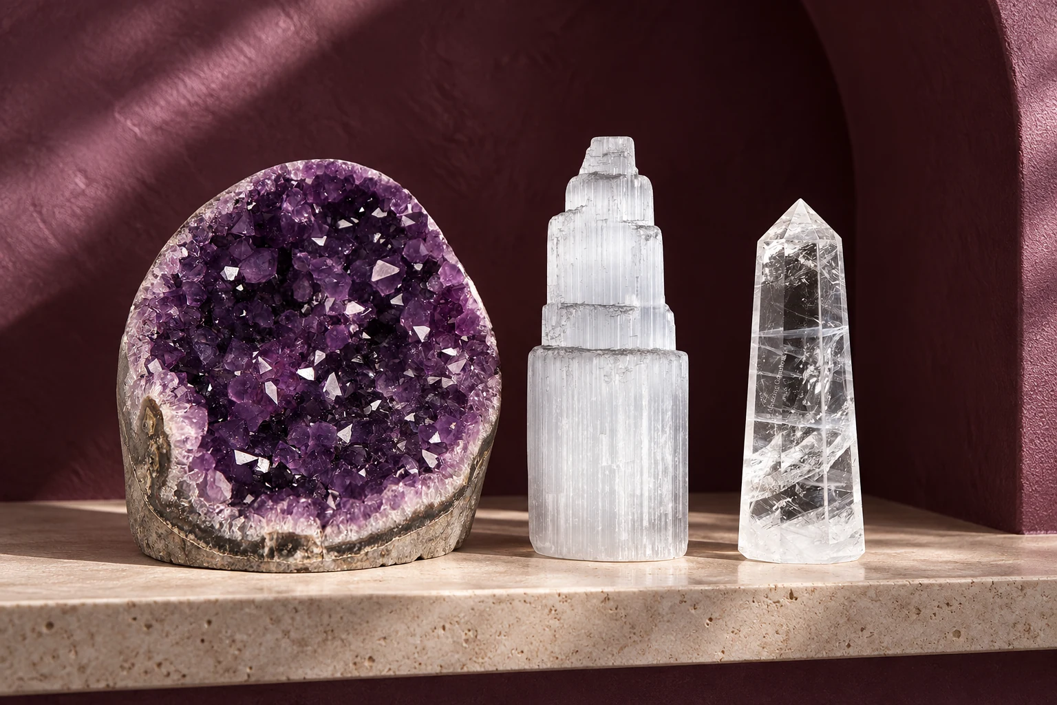 An upright purple amethyst cluster, white satin spar tower, and clear quartz point on a pale shelf against a plum wall.