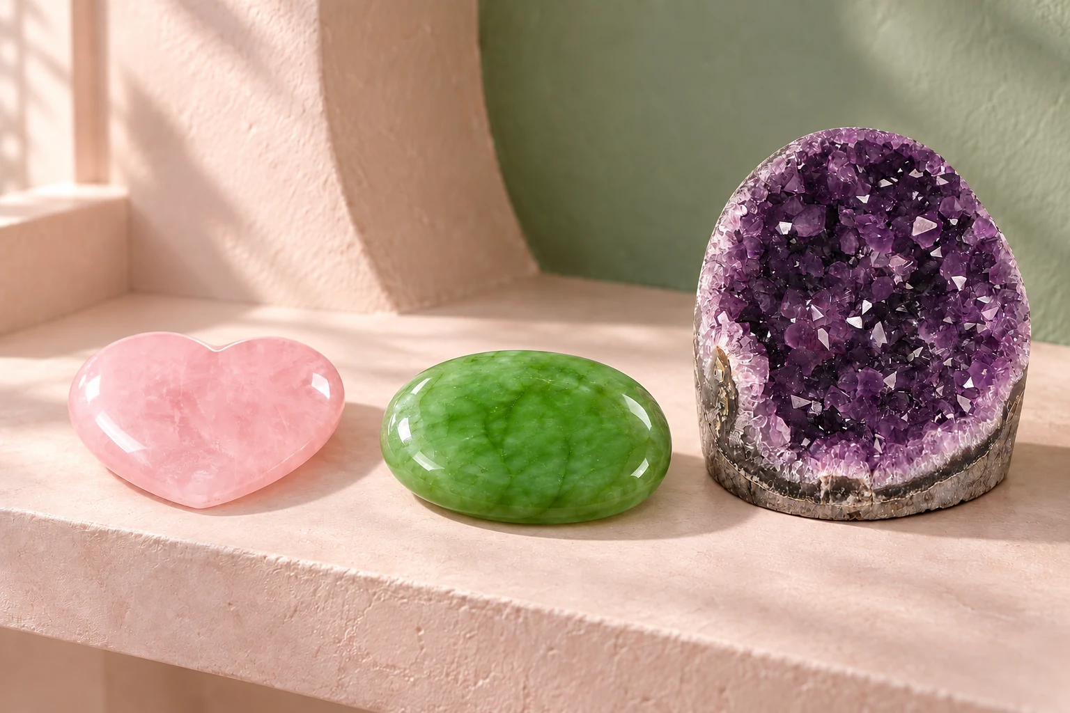 A pink rose quartz heart, green aventurine palm stone, and purple amethyst cluster arranged across a pale shelf.