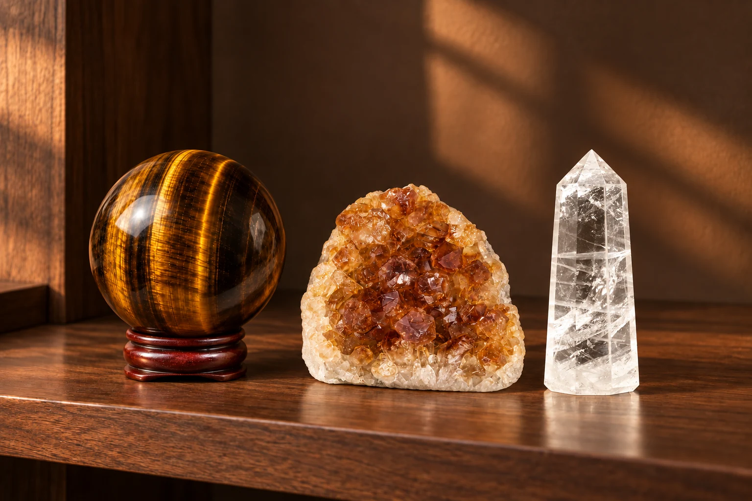 A golden brown tiger eye sphere on a small wooden stand beside an amber citrine cluster and a clear quartz tower on a wooden desk shelf.