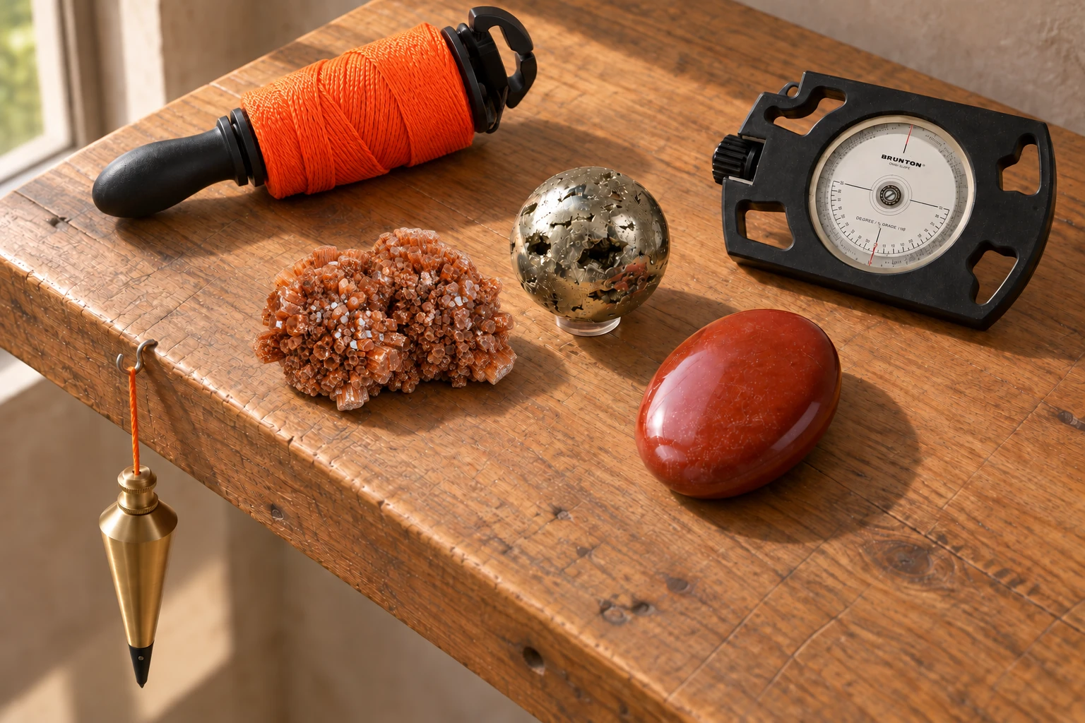 A raw honey aragonite crystal cluster, pitted pyrite sphere on its small clear support and a flat red jasper oval form a close triangle on a wood worktable, framed by an orange-line reel, Brunton slope dial and brass plumb bob hanging at the table edge.