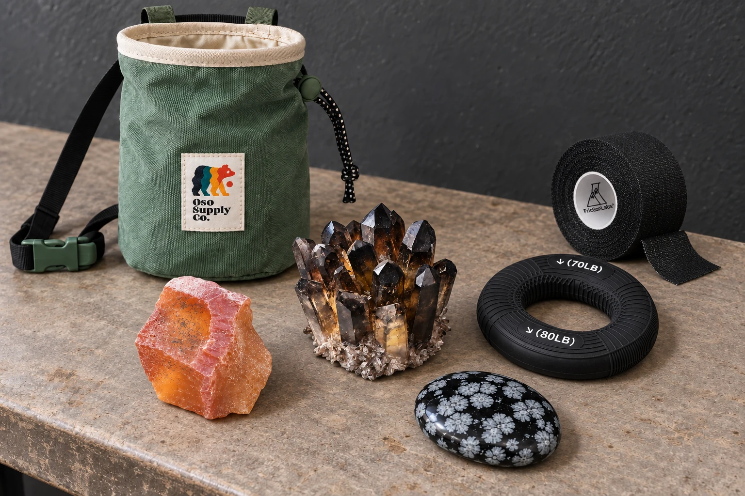 Raw carnelian, smoky quartz and a snowflake obsidian palm beside a sage chalk bag, grip ring and black finger tape on a climbing-gym bench.