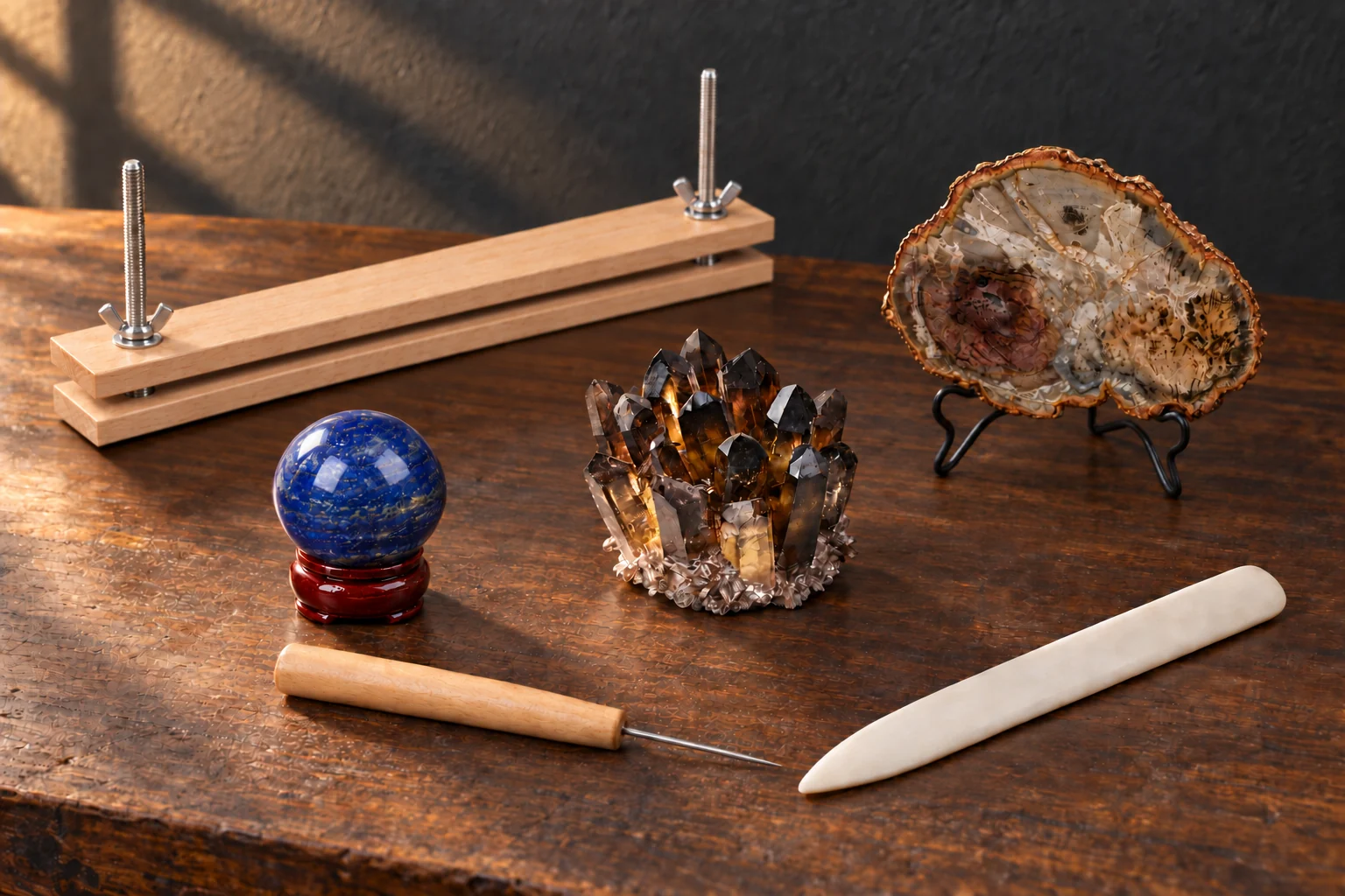 An empty beech book press, ivory bone folder and fine-point wooden awl on a walnut bench with a blue lapis sphere, smoky quartz cluster and upright petrified-wood slice.