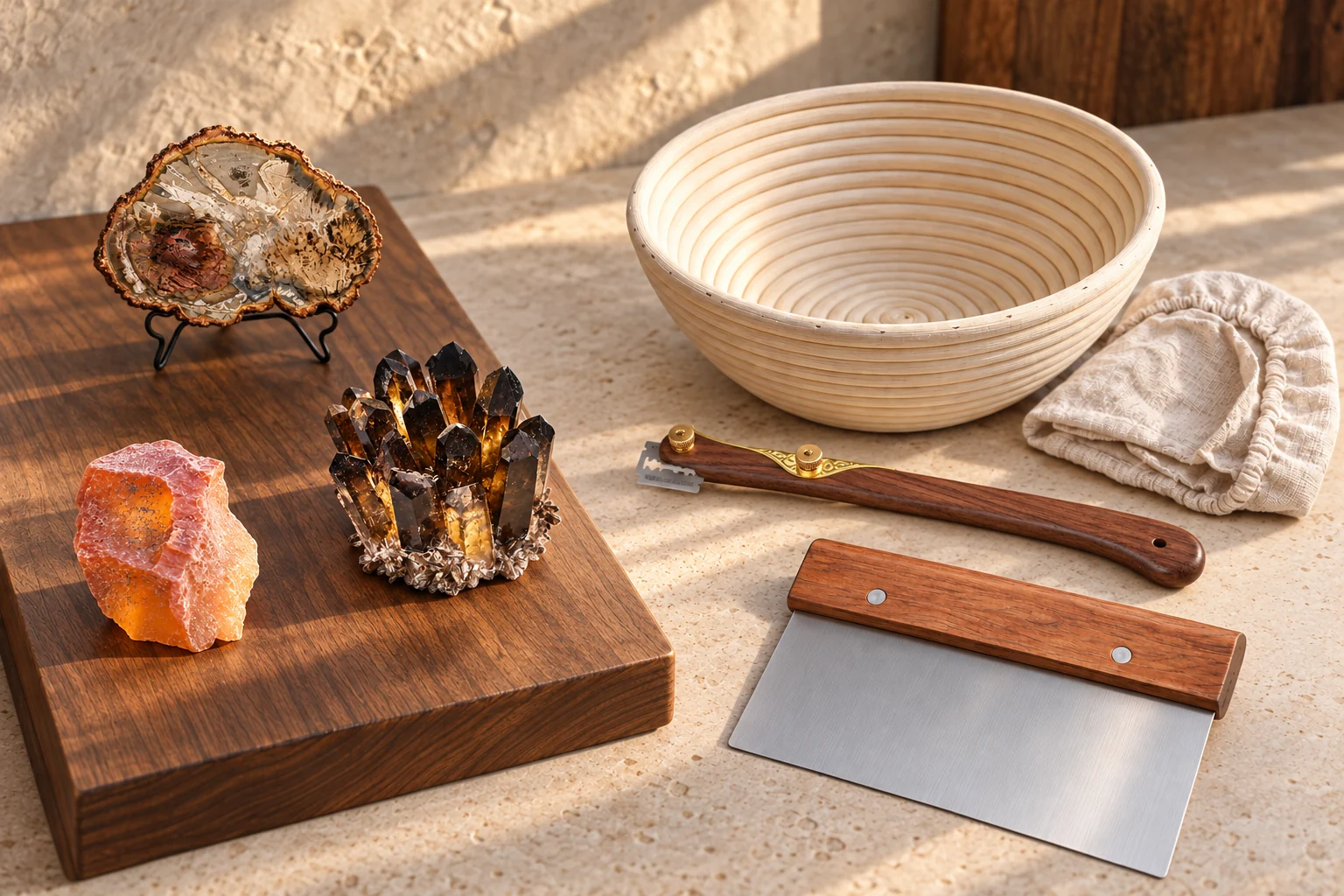 A raw carnelian, upright petrified-wood slice and smoky quartz cluster on a dry side ledge beside a rattan proofing basket, walnut bread lame and wood-handled bench scraper on a bread-making counter.