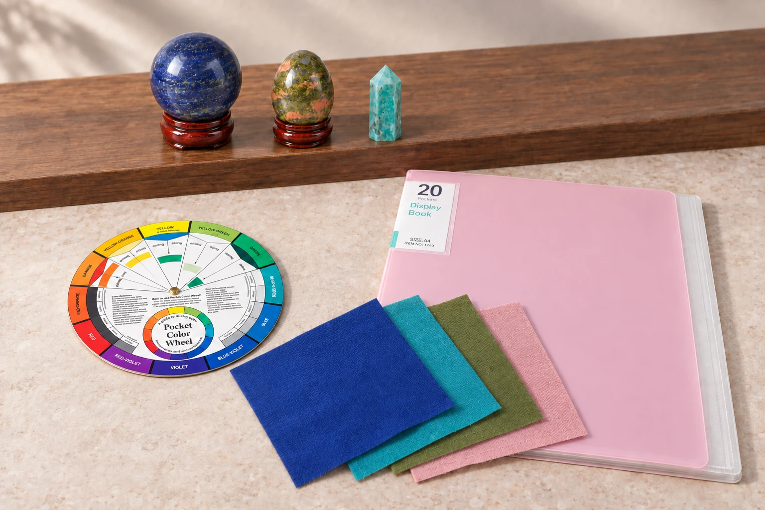 Lapis, unakite and amazonite on a low wooden studio ledge above a pocket color wheel, four solid cotton swatches and a closed pink 20-pocket display book.