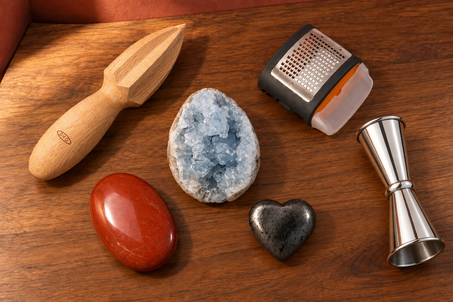 From above on walnut, a flat red jasper palm, open pale-blue celestite geode and flat charcoal hematite heart form a loose cluster beside a wood reamer, compact black-and-orange zester and polished double jigger.