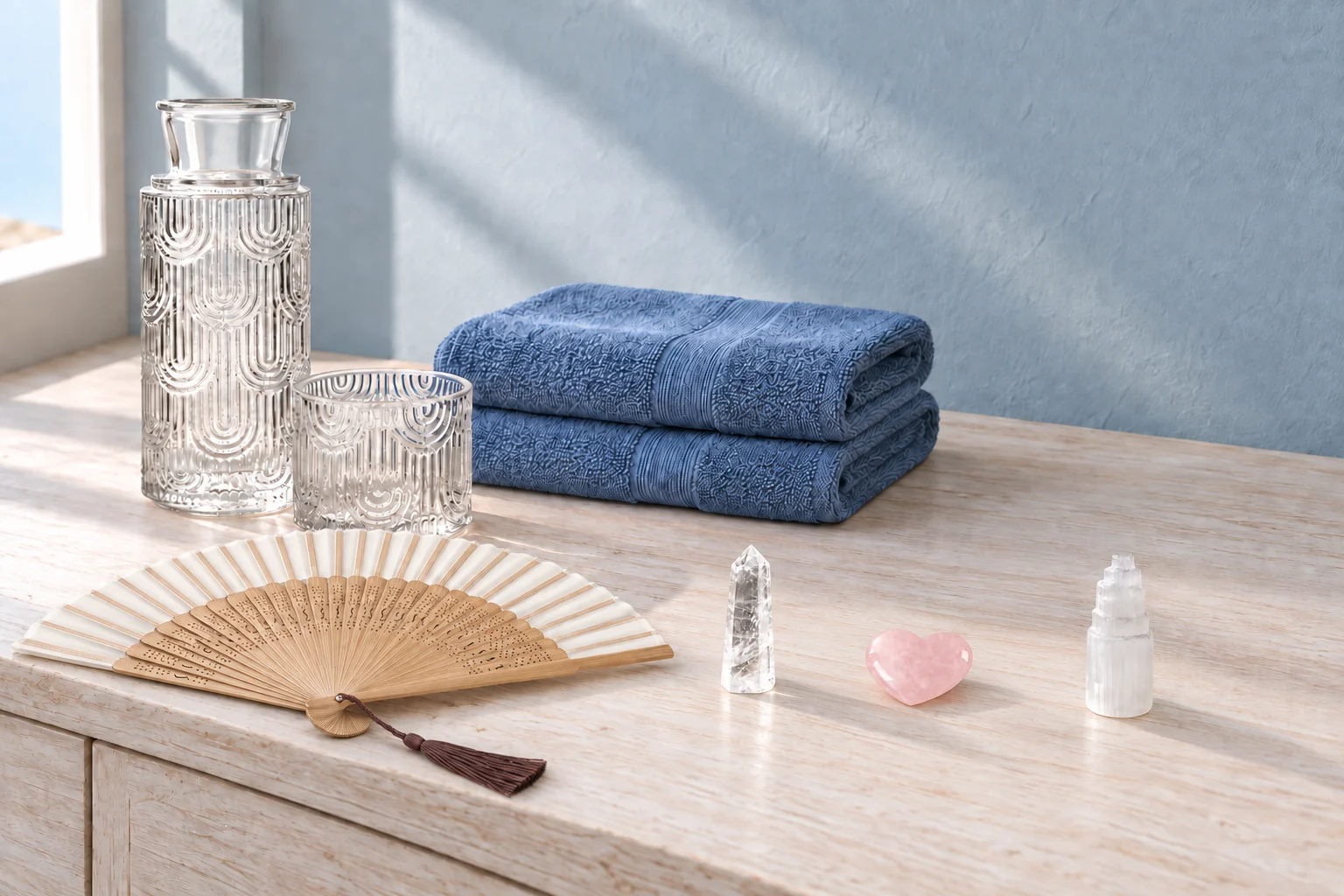 A patterned glass bedside carafe and glass, two blue hand towels and an open pale bamboo fan share a dry coastal console with three small stones.