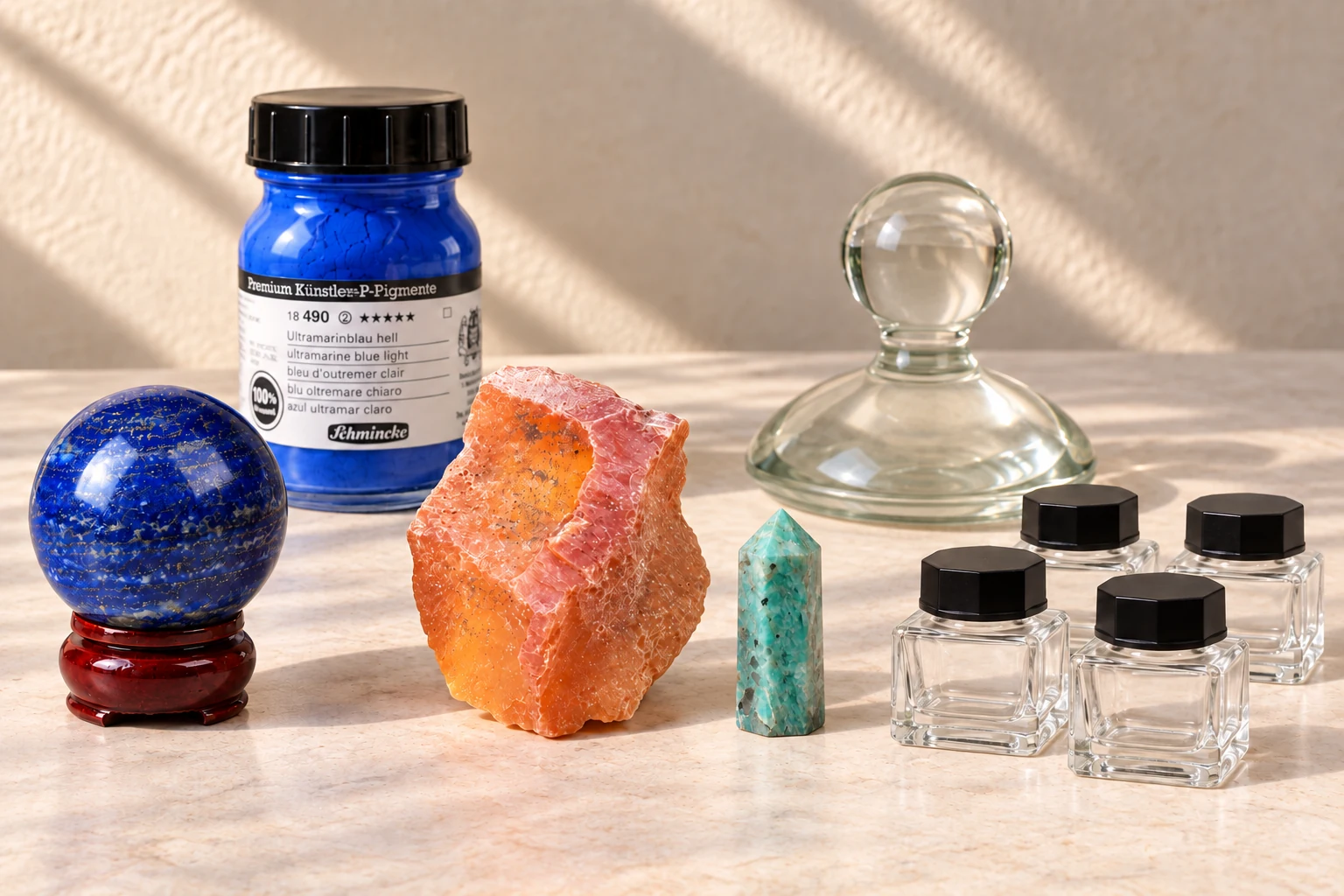 Blue lapis sphere, rough orange carnelian and small amazonite point on an artist table with a sealed ultramarine pigment jar, clear glass muller and four empty storage jars.