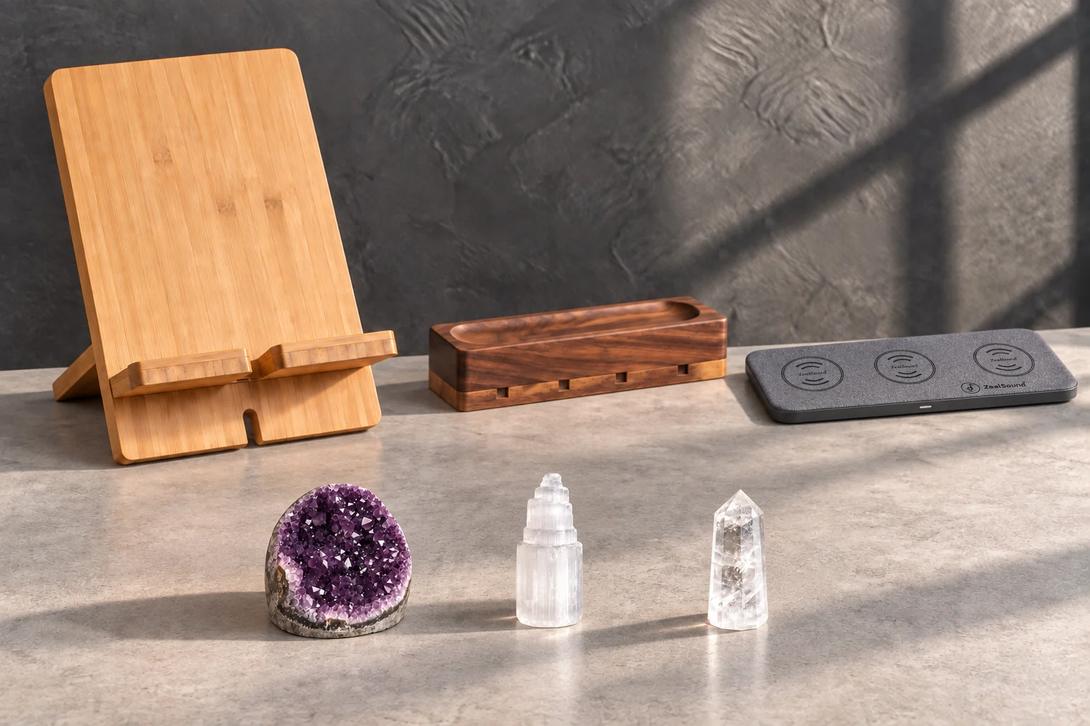 Amethyst, white satin spar and clear quartz beside a bamboo tablet stand, walnut cable organizer and gray charging pad on a concrete desk.
