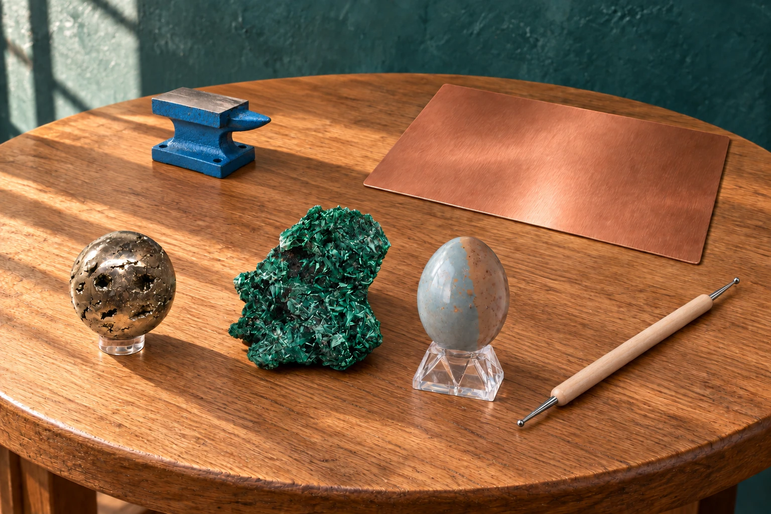 On a round sunlit oak worktable, a pitted pyrite sphere, raw green fibrous malachite and a blue-tan ocean-jasper egg sit near a blank thin copper sheet, a pale double-ball stylus and a small blue anvil with a silver top.