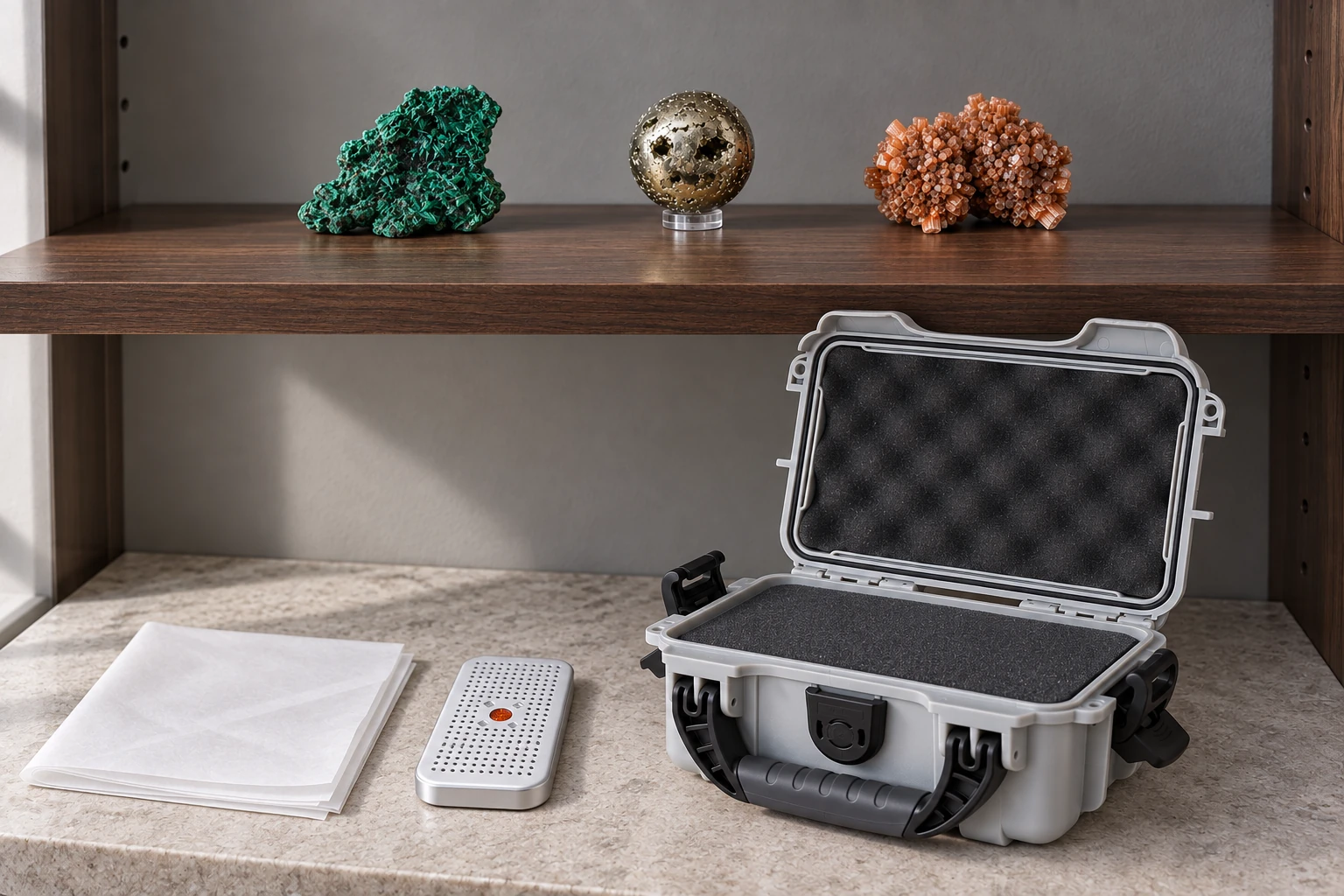 On an upper dark shelf, raw fibrous malachite, a pitted pyrite sphere on a tiny clear support and honey aragonite rest separately. Below, one open silver foam case, folded archival tissue and a small vented silica canister await storage.