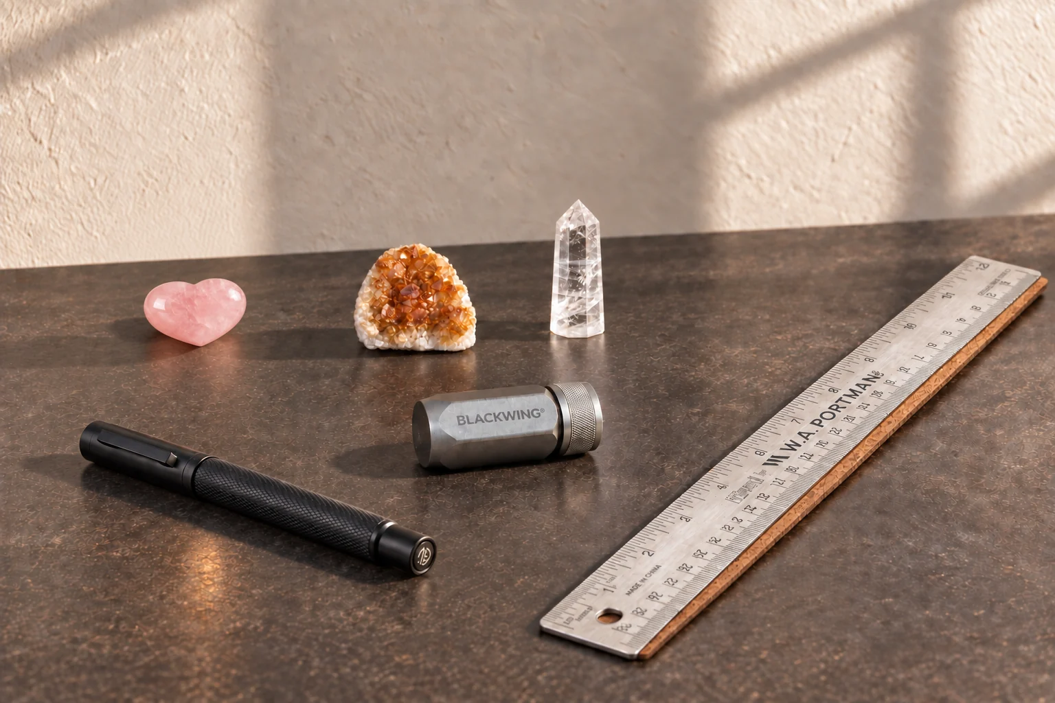 A small rose-quartz heart, citrine and quartz beside a fountain pen, black sharpener and steel ruler on a warm writing desk.