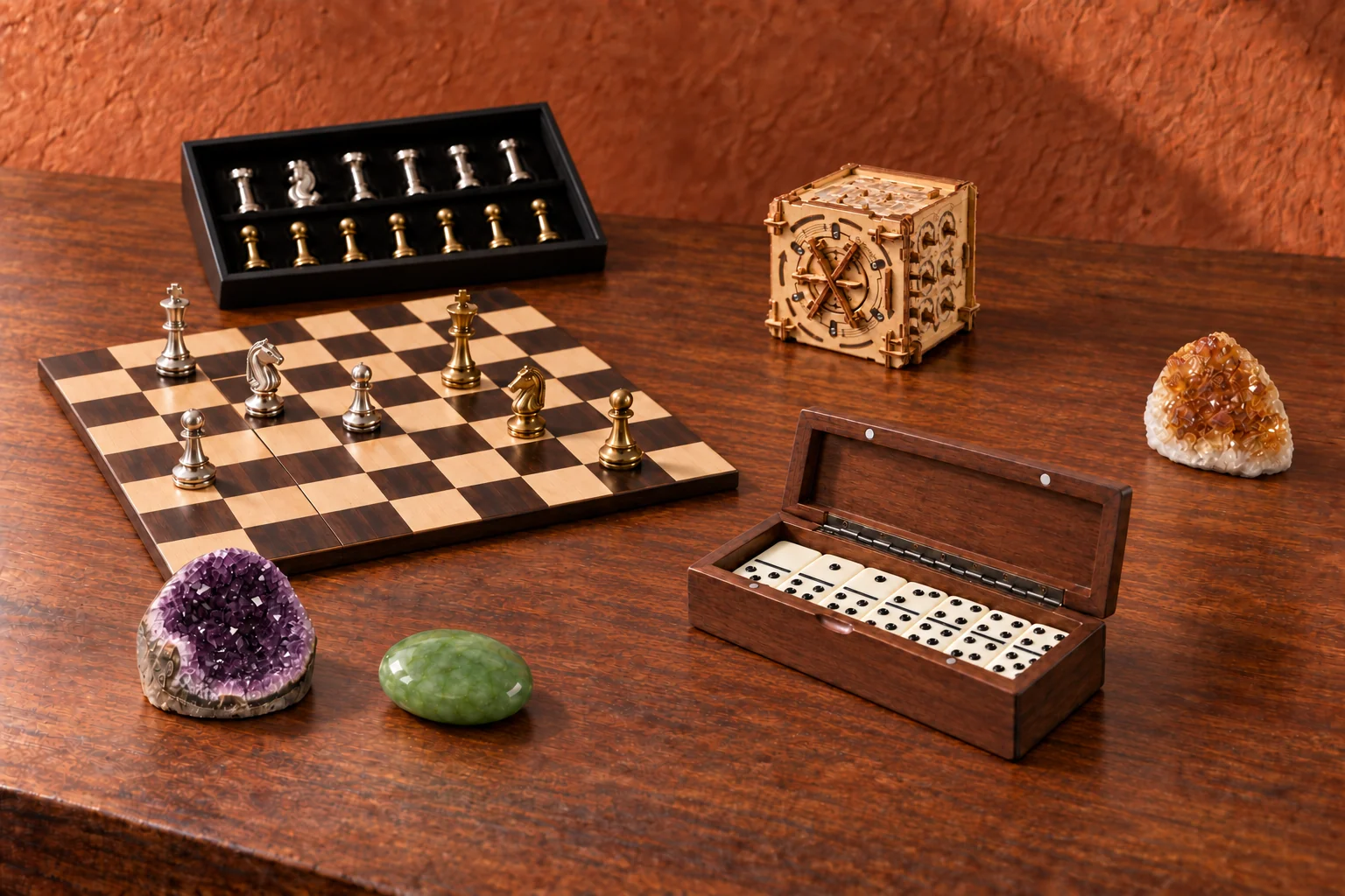 A chess board with metal pieces, birch mechanical puzzle and wood domino case share a walnut games table with amethyst, green aventurine and citrine.