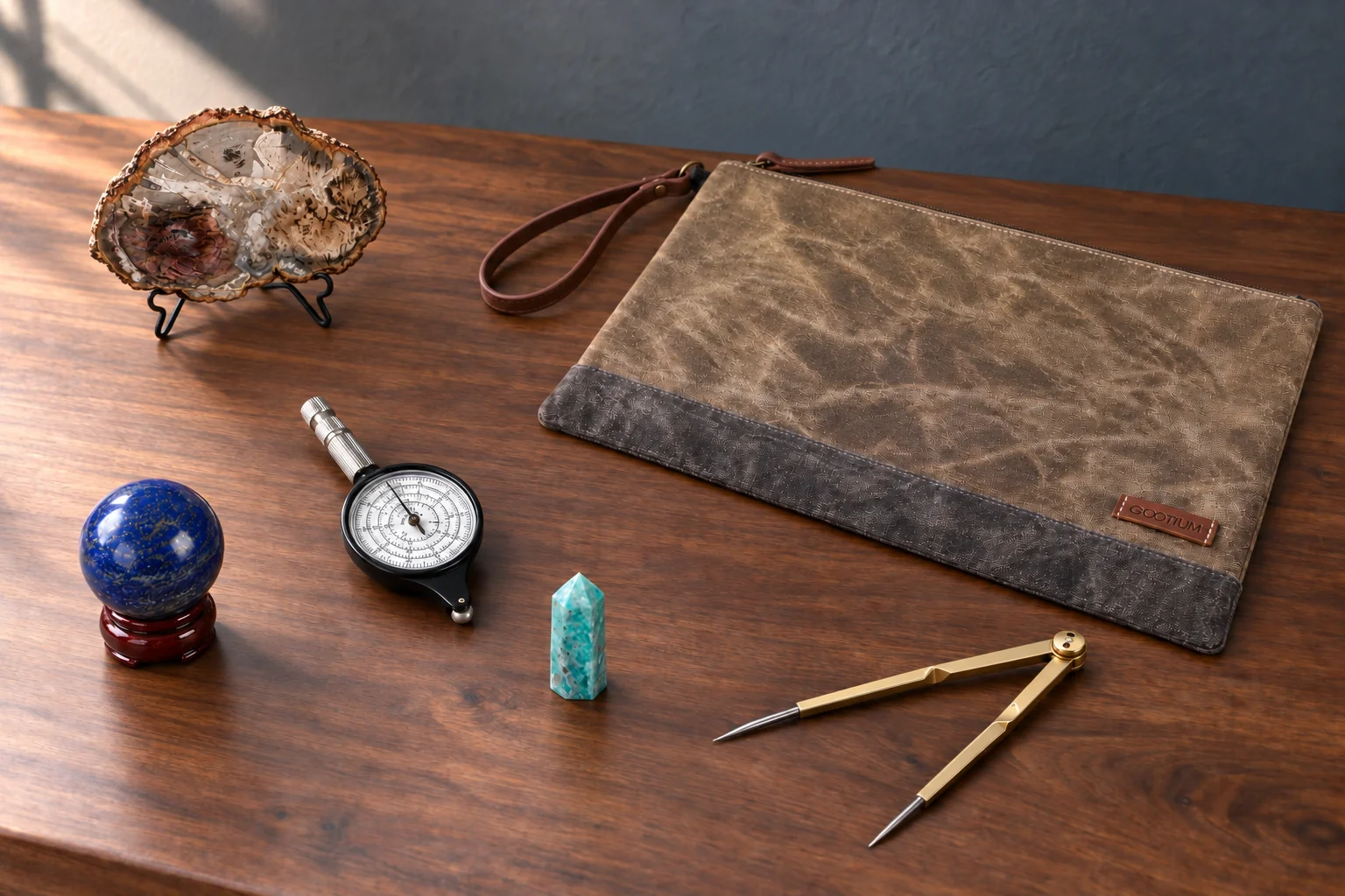 A lapis sphere, slim amazonite point and upright petrified-wood slice interleaved with an analog map measurer, brass dividers and a tan canvas folio on a walnut route-planning table.