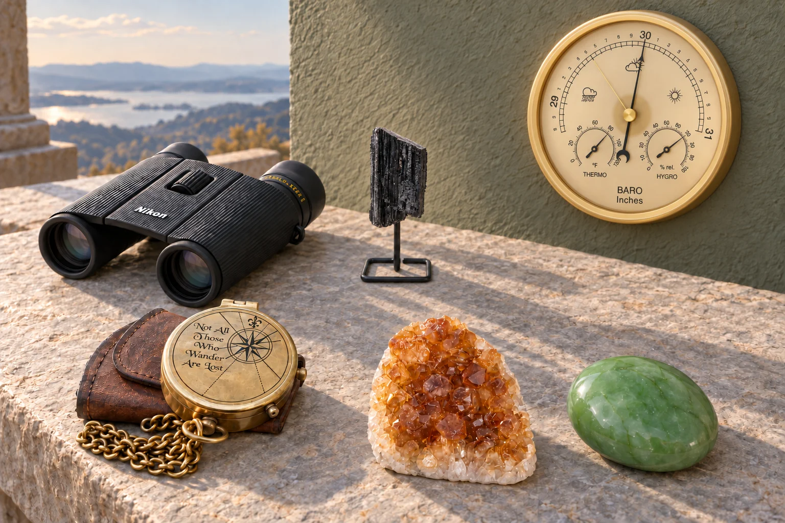 Compact black binoculars, an engraved pocket compass and three small stones on a stone terrace ledge below a mounted gold-finish weather dial.