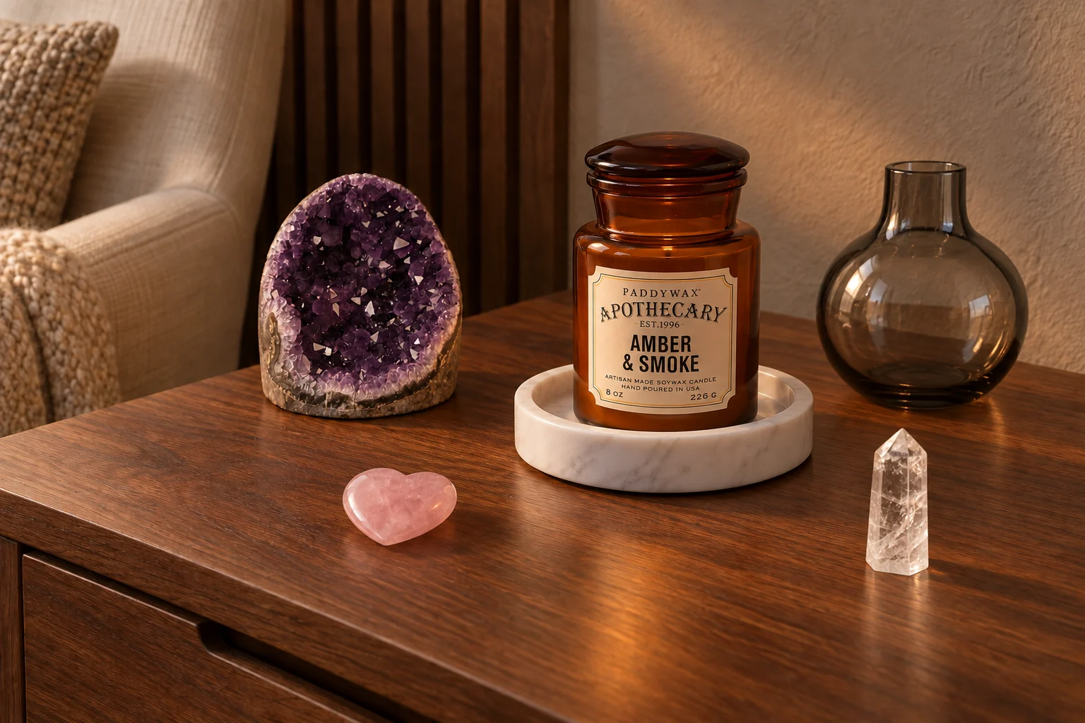An amethyst geode, flat rose-quartz heart and clear quartz point with an amber glass candle on a marble plate and empty smoked-glass vase on a walnut bedside table.