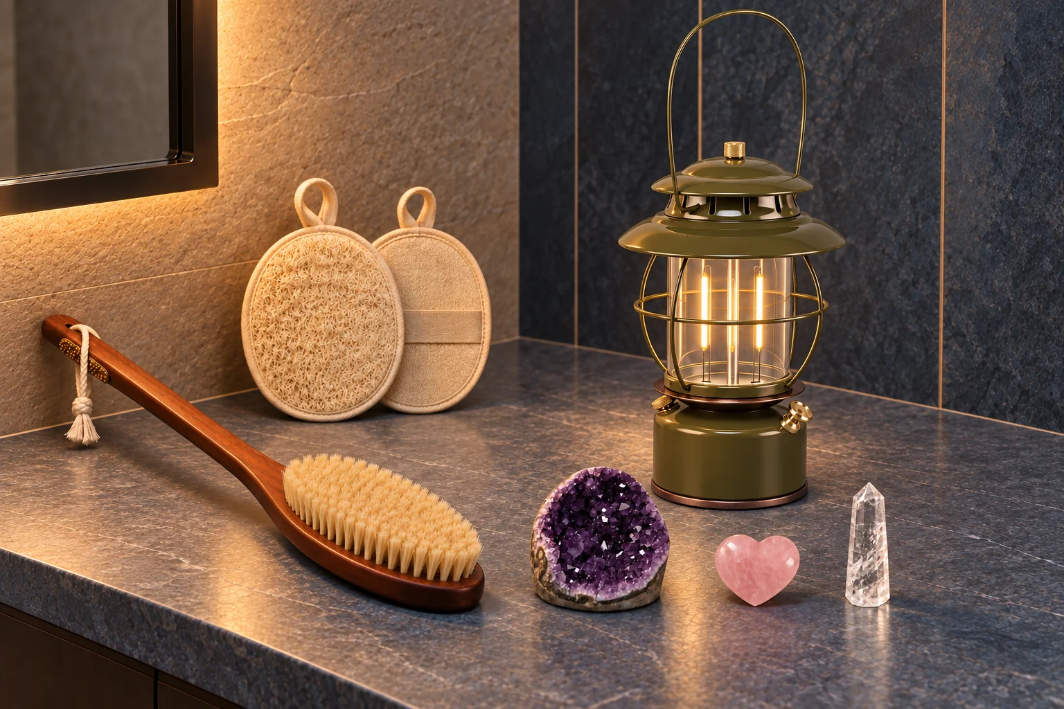 A long wooden sisal bath brush, two beige loofah pads and three small stones on a dry blue-gray ledge beside a glowing handled army-green camping lantern.