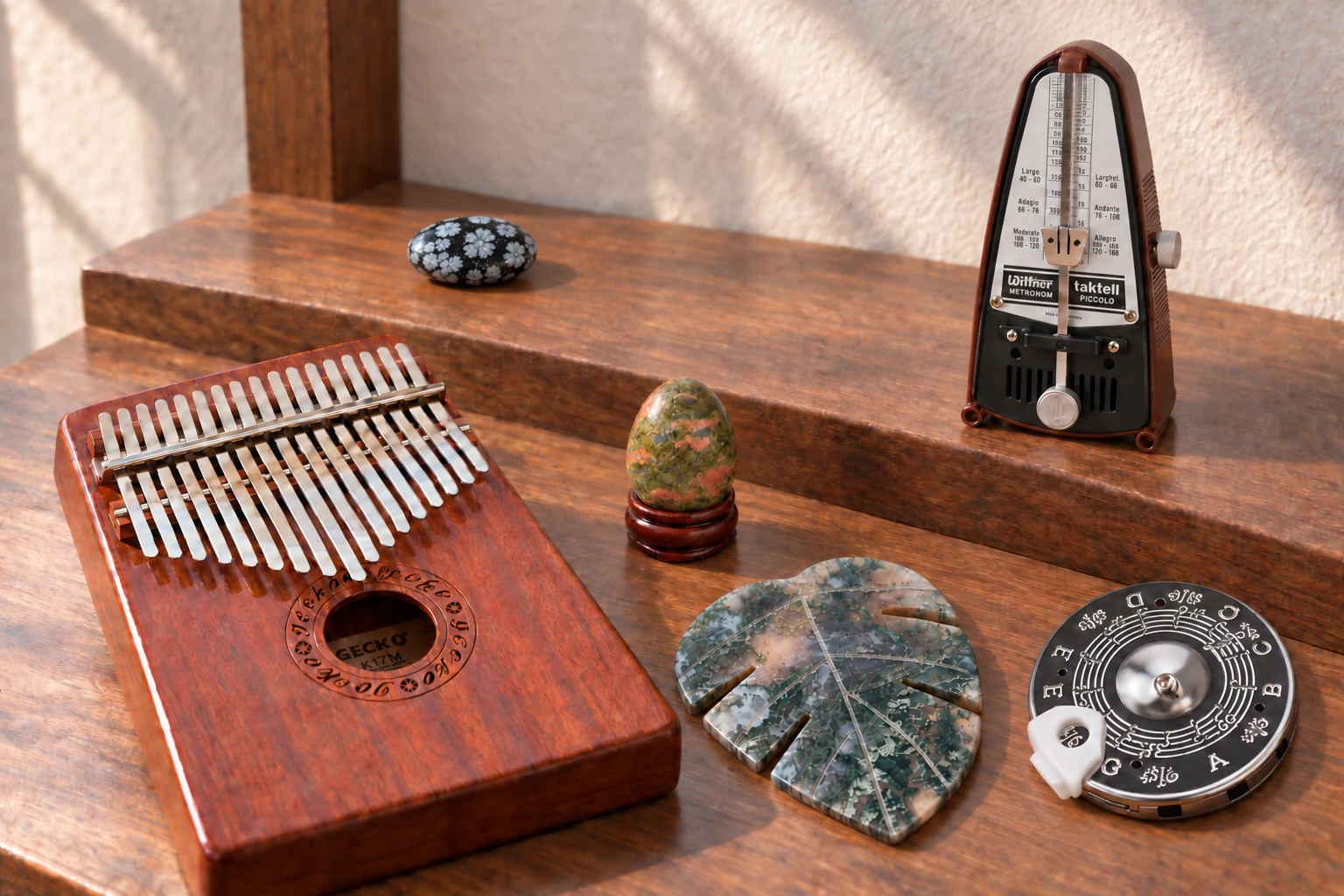 A snowflake-obsidian palm, unakite egg and carved moss-agate leaf interleaved with a mahogany kalimba, compact mechanical metronome and chrome pitch pipe on a two-level walnut music table.