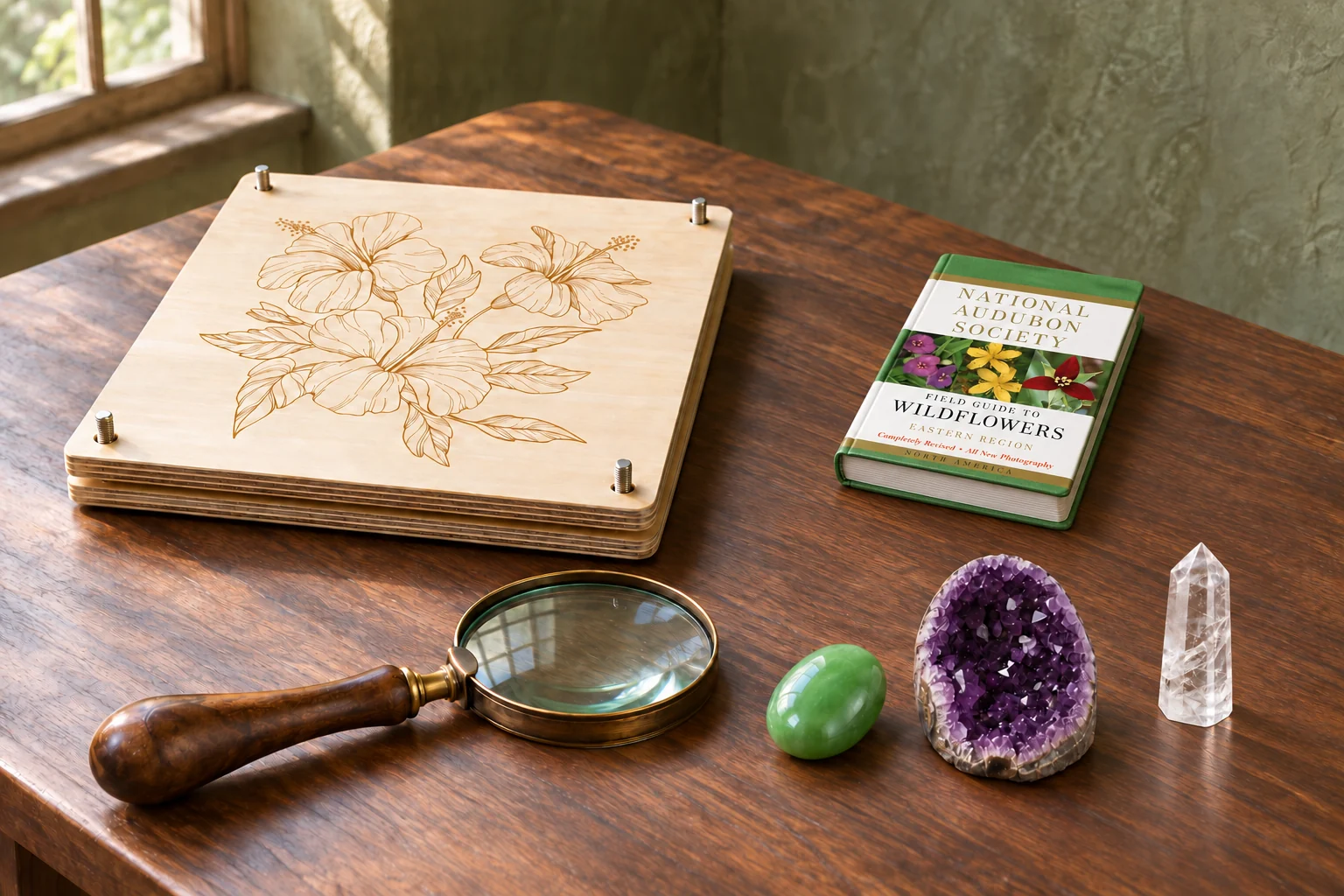 A wood flower press, brass magnifier and Audubon wildflower field guide on a walnut study table with aventurine, amethyst and clear quartz.
