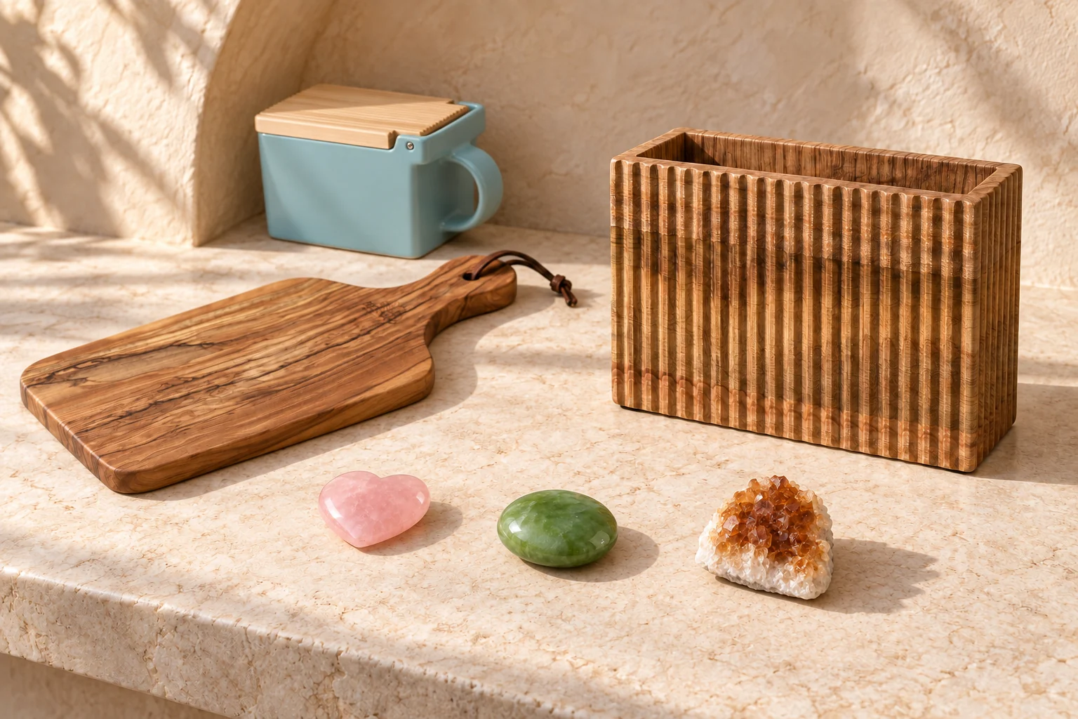 An olive-wood paddle board, empty fluted acacia napkin rack and covered blue ceramic salt cellar with three small stones on a limestone kitchen counter.