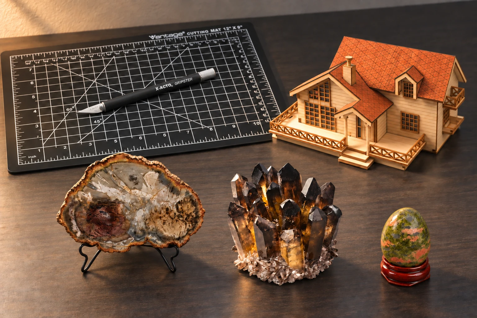 An orange-roof miniature wooden house, black gridded cutting mat and precision knife on a model desk beside petrified wood, smoky quartz and a small unakite egg.