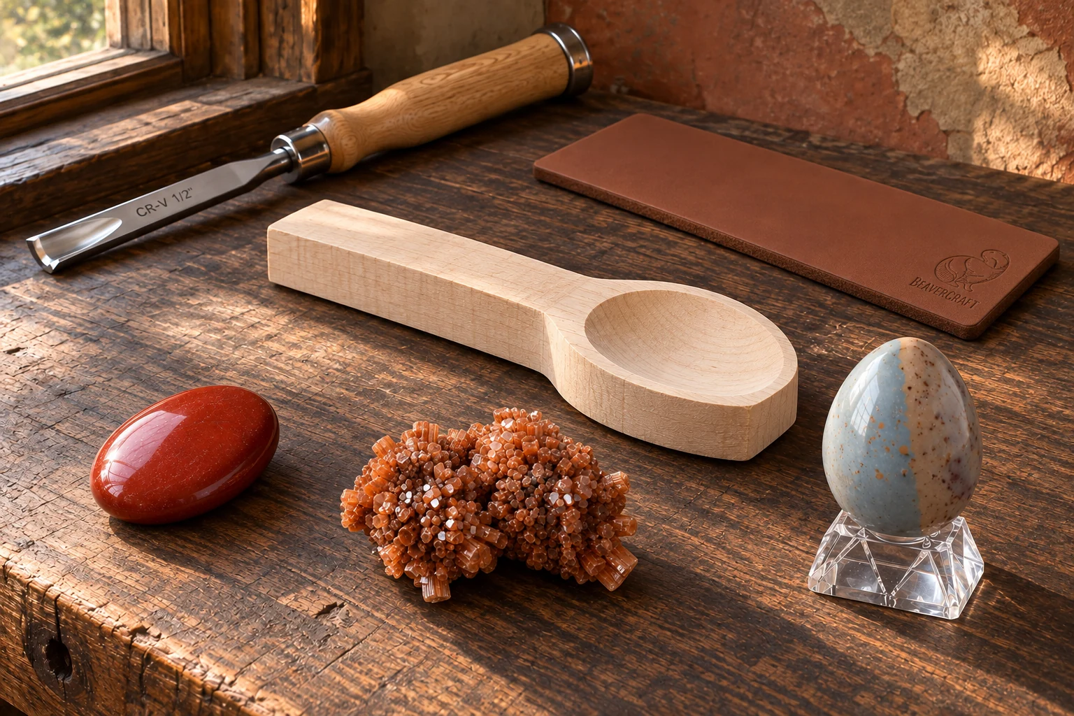 On a dark wood bench, a red jasper palm, honey aragonite cluster and blue-tan ocean-jasper egg on its clear stand sit near an unfinished basswood spoon blank, a curved gouge and a brown leather strop.