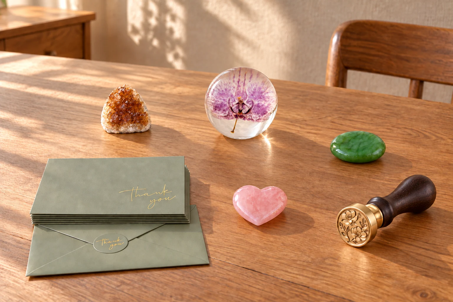 Moss thank-you cards, an orchid paperweight and a brass floral seal with three warm-toned crystals on a sunlit dining table.