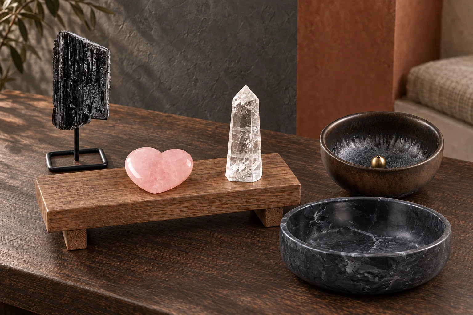 Black tourmaline on its open stand, a rose-quartz heart and clear point on a low wood riser, with an incense holder and black marble bowl on an entry console.