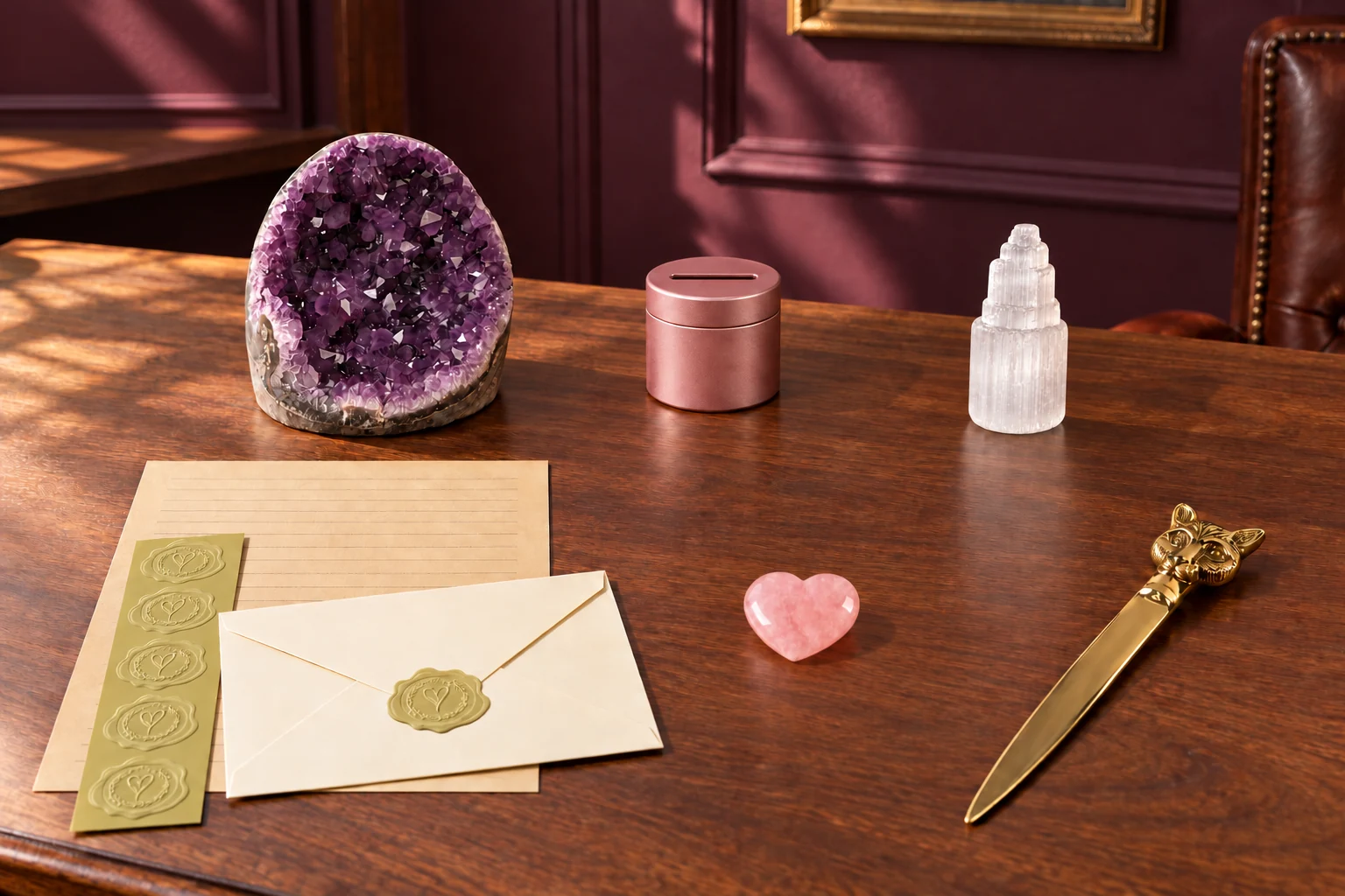 Writing paper, a brass fox letter opener, an empty rose-gold stamp dispenser and three crystals on a plum study desk.
