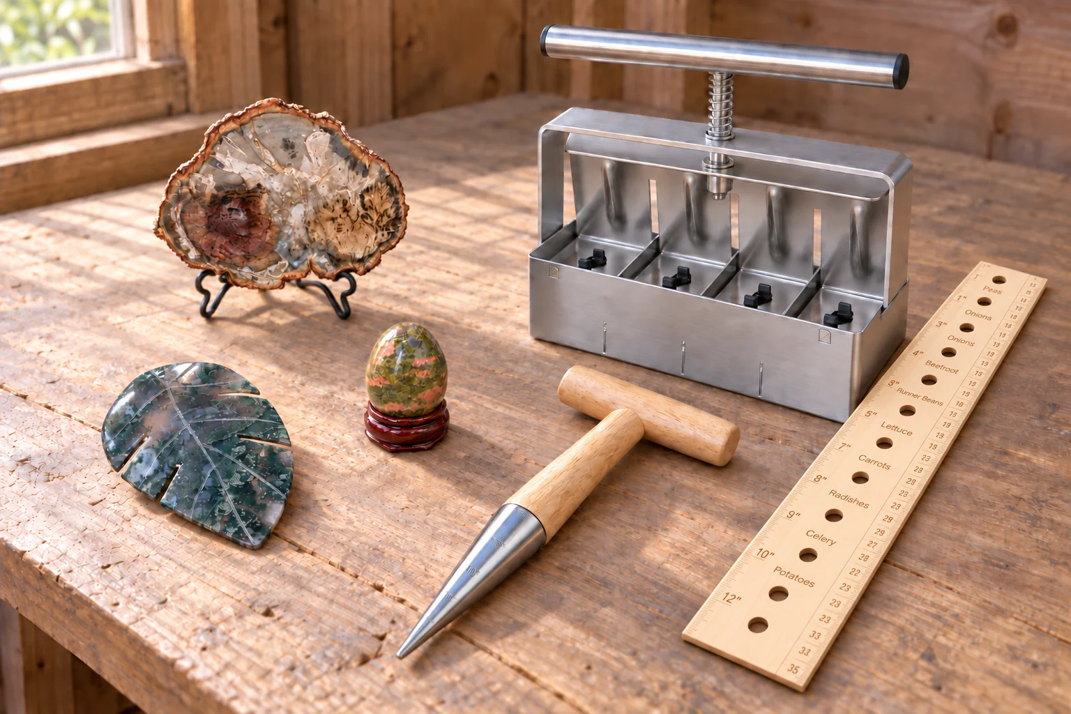 A carved moss-agate leaf, small unakite egg and petrified-wood slice share a dry greenhouse workbench with a four-cell steel soil blocker, T-handle dibber and drilled wooden seed-spacing ruler.