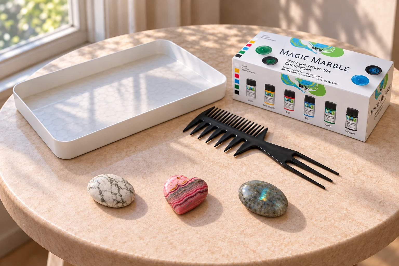 On a round sunlit table, a howlite palm, banded rhodochrosite heart and gray moonstone rest beside a shallow Ebru tray, black marbling comb and boxed six-color paint set.