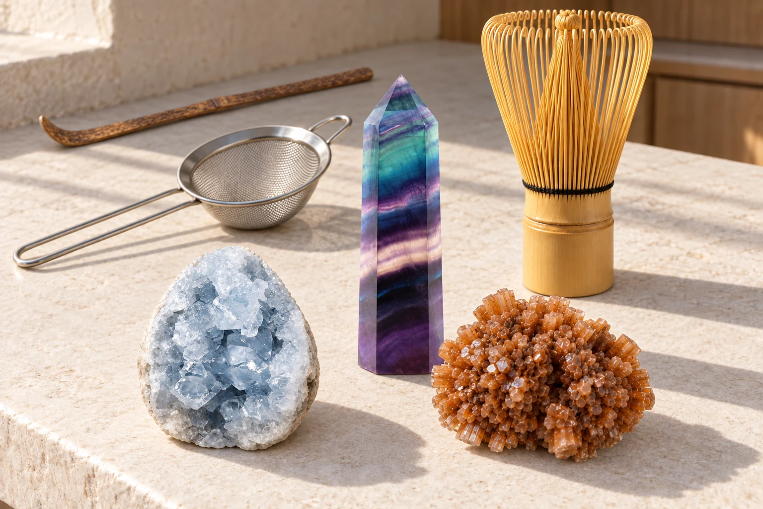 A colorful fluorite point stands between pale celestite and honey aragonite on a sunlit dry tea table, with a golden bamboo whisk, dark bamboo scoop and silver mesh sifter behind.