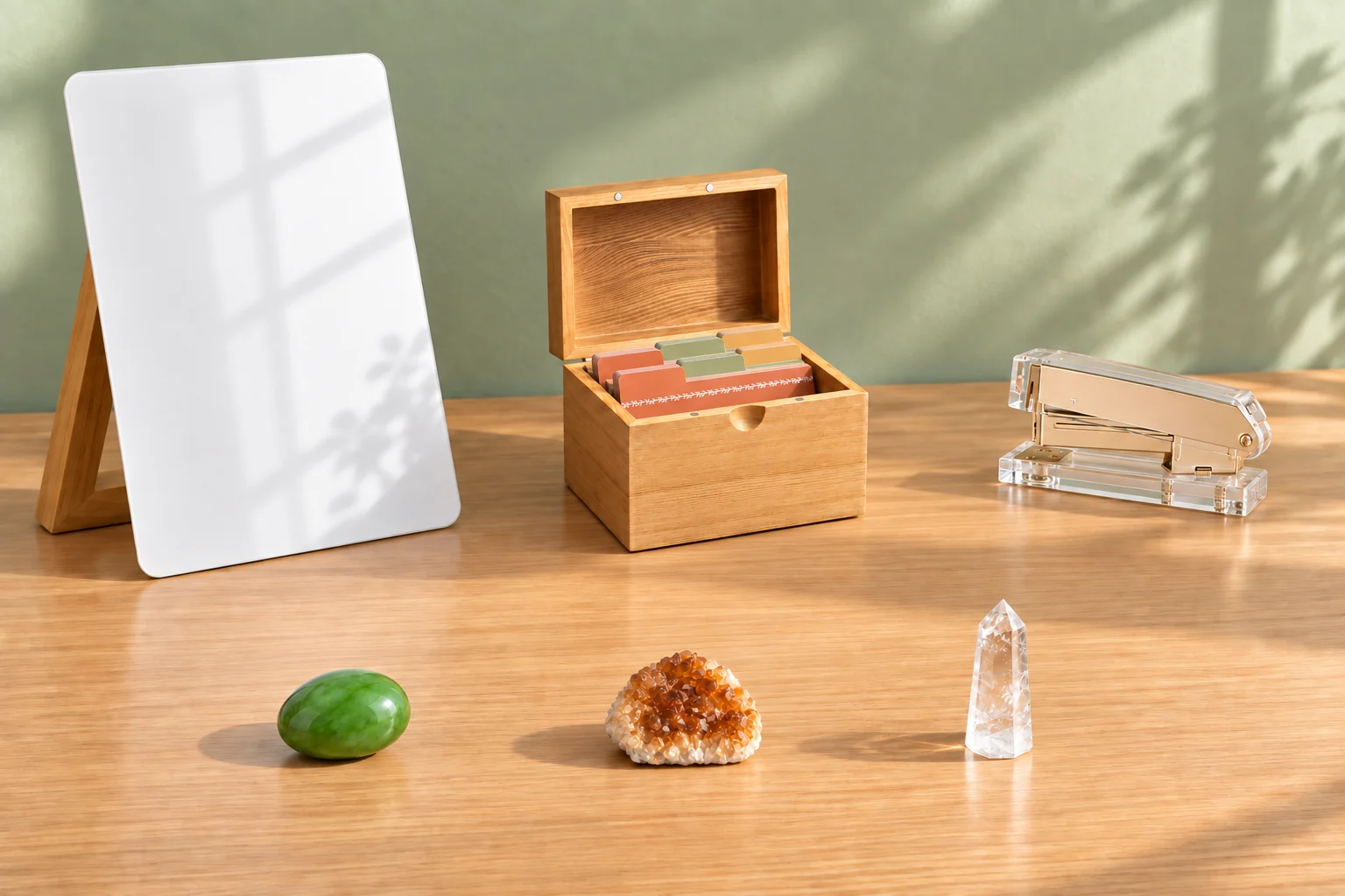 Three small stones, a white glass board on a pale wood stand, an open wood card box and a clear gold stapler on a warm oak desk.