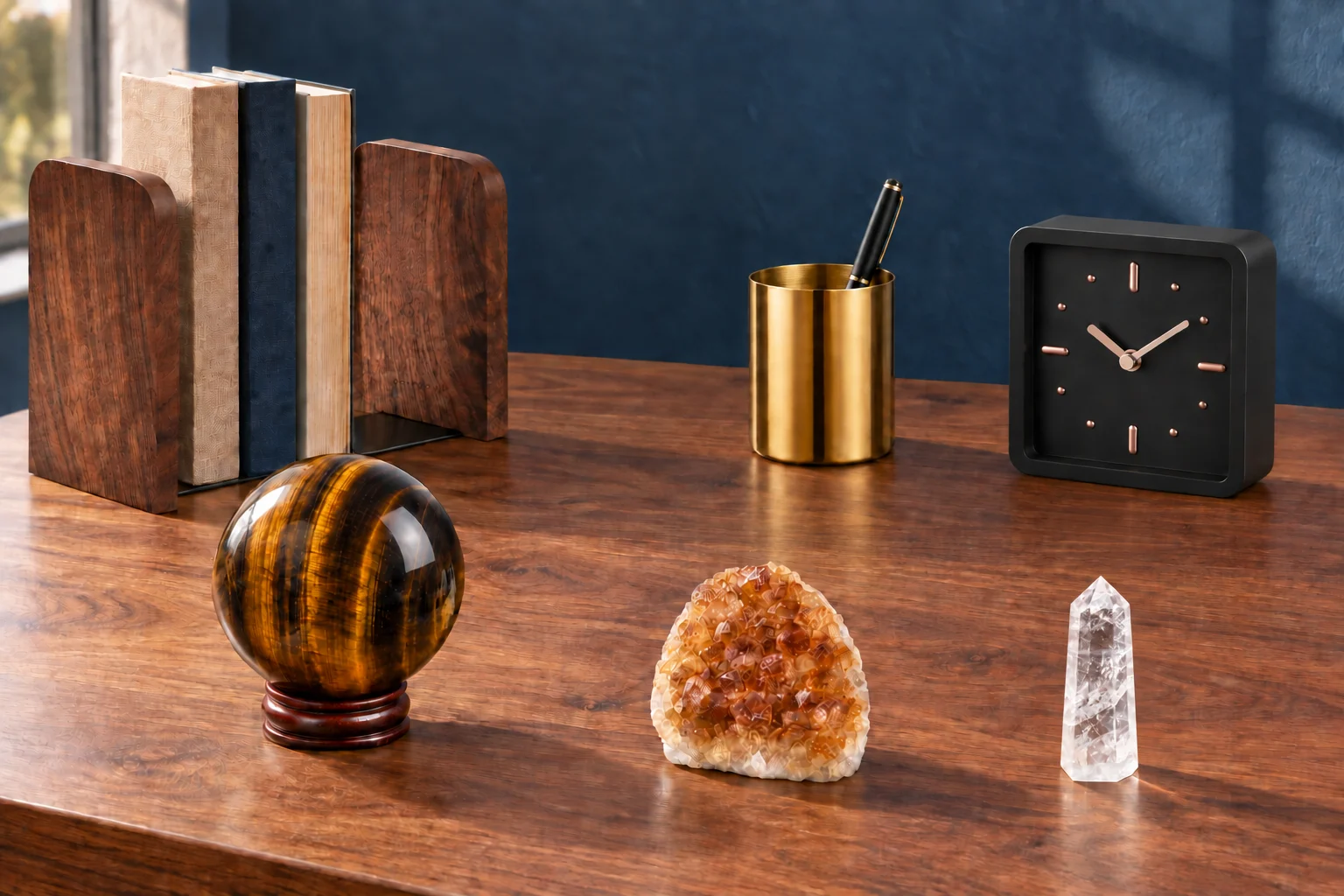 A tiger-eye sphere on its red wooden cup stand, citrine and clear quartz on a walnut desk beside paired bookends, gold pen cup and black square clock.
