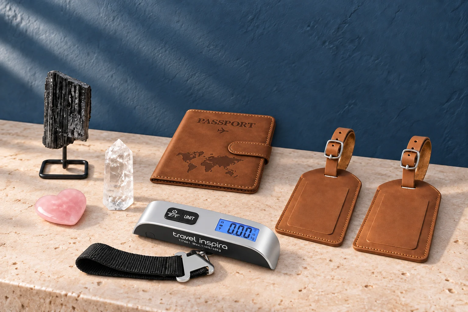 A closed brown passport cover, two leather luggage tags and a digital luggage scale sit with black tourmaline, rose quartz and clear quartz on a travertine console.