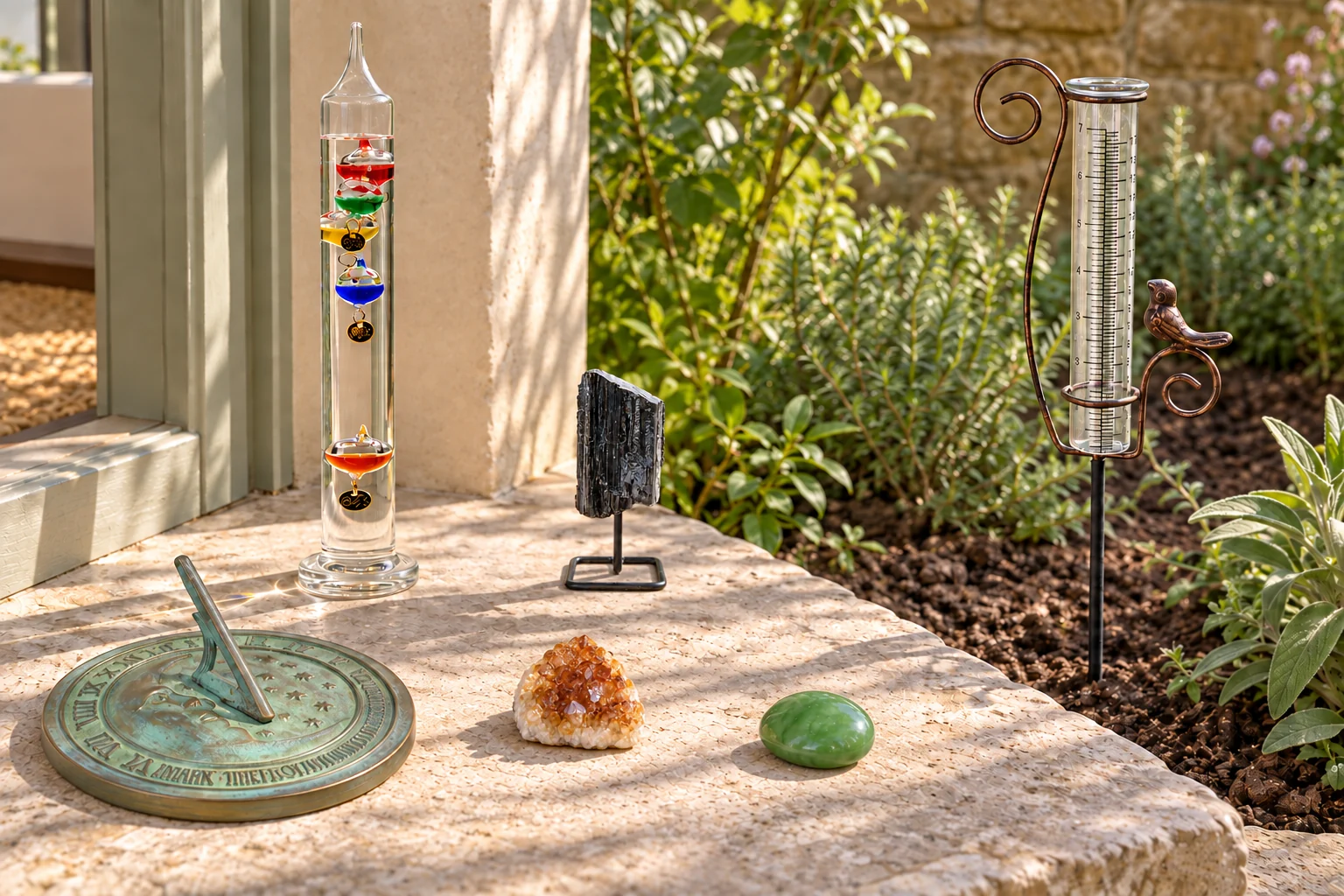 A glass thermometer and three small stones on a sunlit garden threshold, with a brass sundial on limestone and a glass rain gauge staked in soil.
