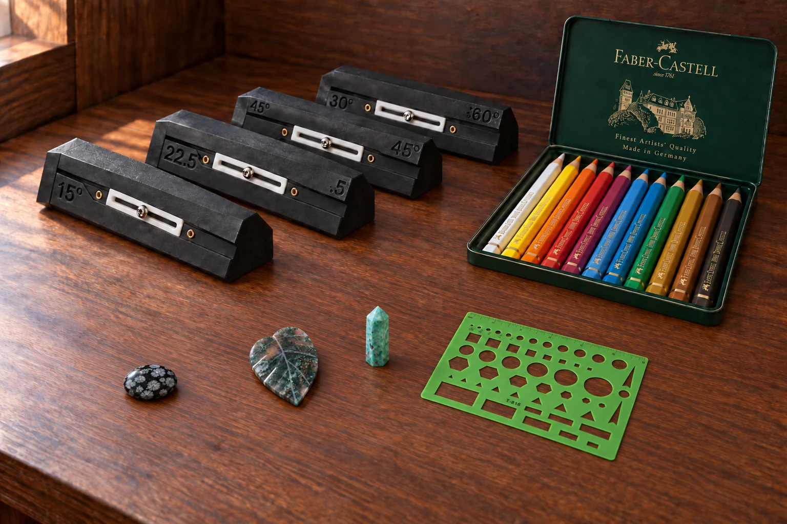 Four black wood joinery angle guides, a green shape template and a twelve-pencil tin on walnut beside a snowflake obsidian palm, moss agate leaf and small amazonite point.