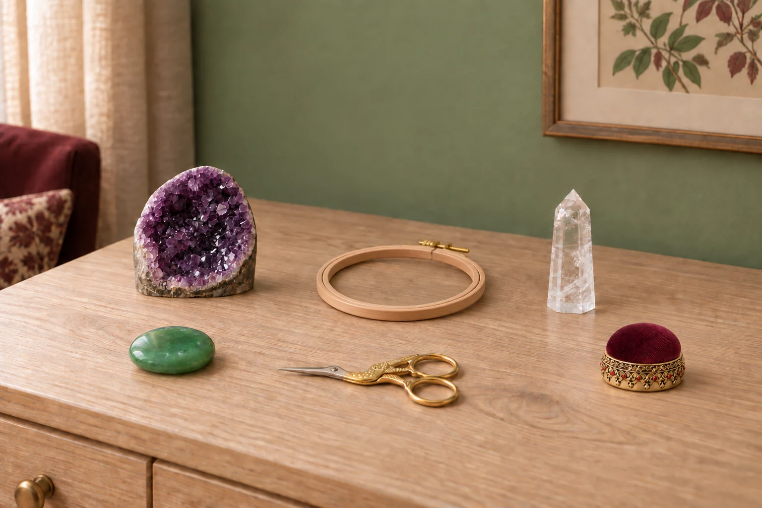 An empty wooden embroidery hoop, gold stork scissors and burgundy pincushion with amethyst, aventurine and clear quartz on a sewing sideboard.