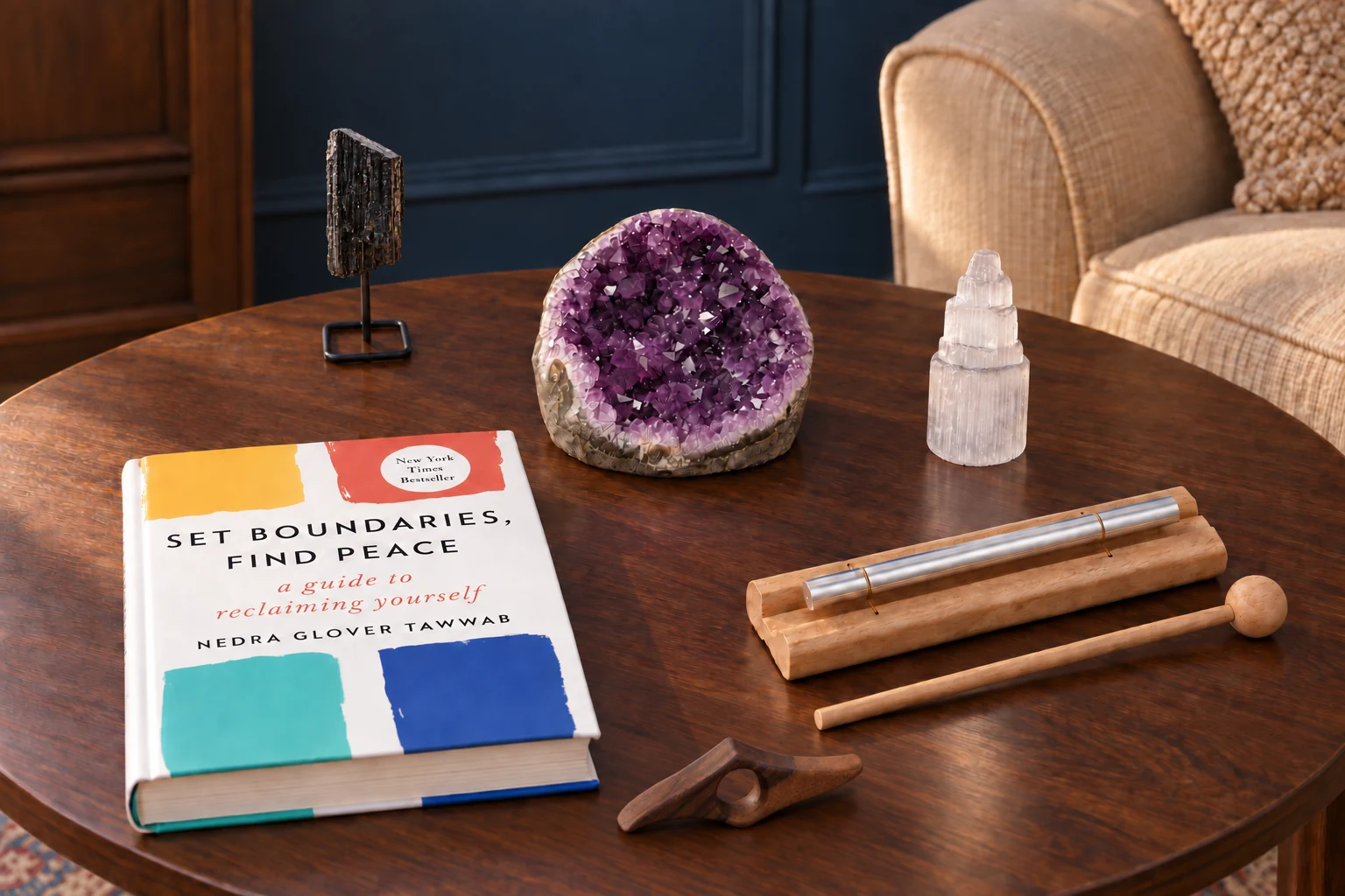 A boundaries book, walnut page holder and single-bar chime with tourmaline, amethyst and satin spar on a library reading table.