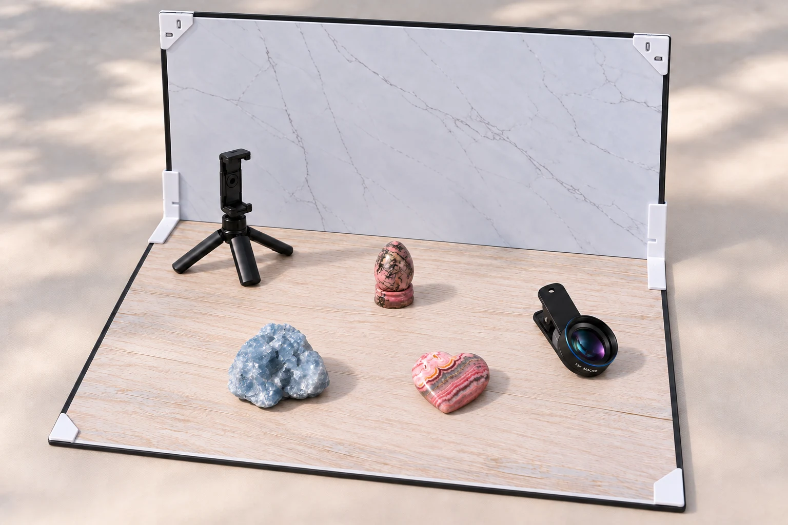 A complete open white-marble and pale-wood tabletop photo backdrop frames rough blue calcite, a banded pink rhodochrosite heart lying flat and a black-veined rhodonite egg on its matching stand, with an empty black mini tripod and a blue-rim macro lens with clip to either side.