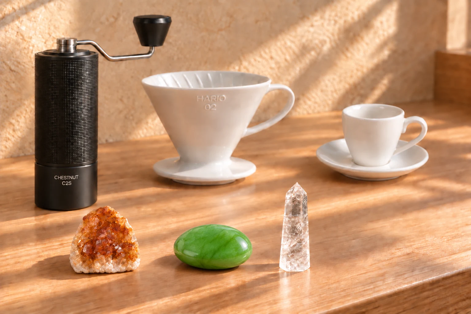 Sunlit oak counter with a black manual coffee grinder, white ceramic dripper and espresso cup, beside citrine, a green aventurine palm stone and a clear quartz point.