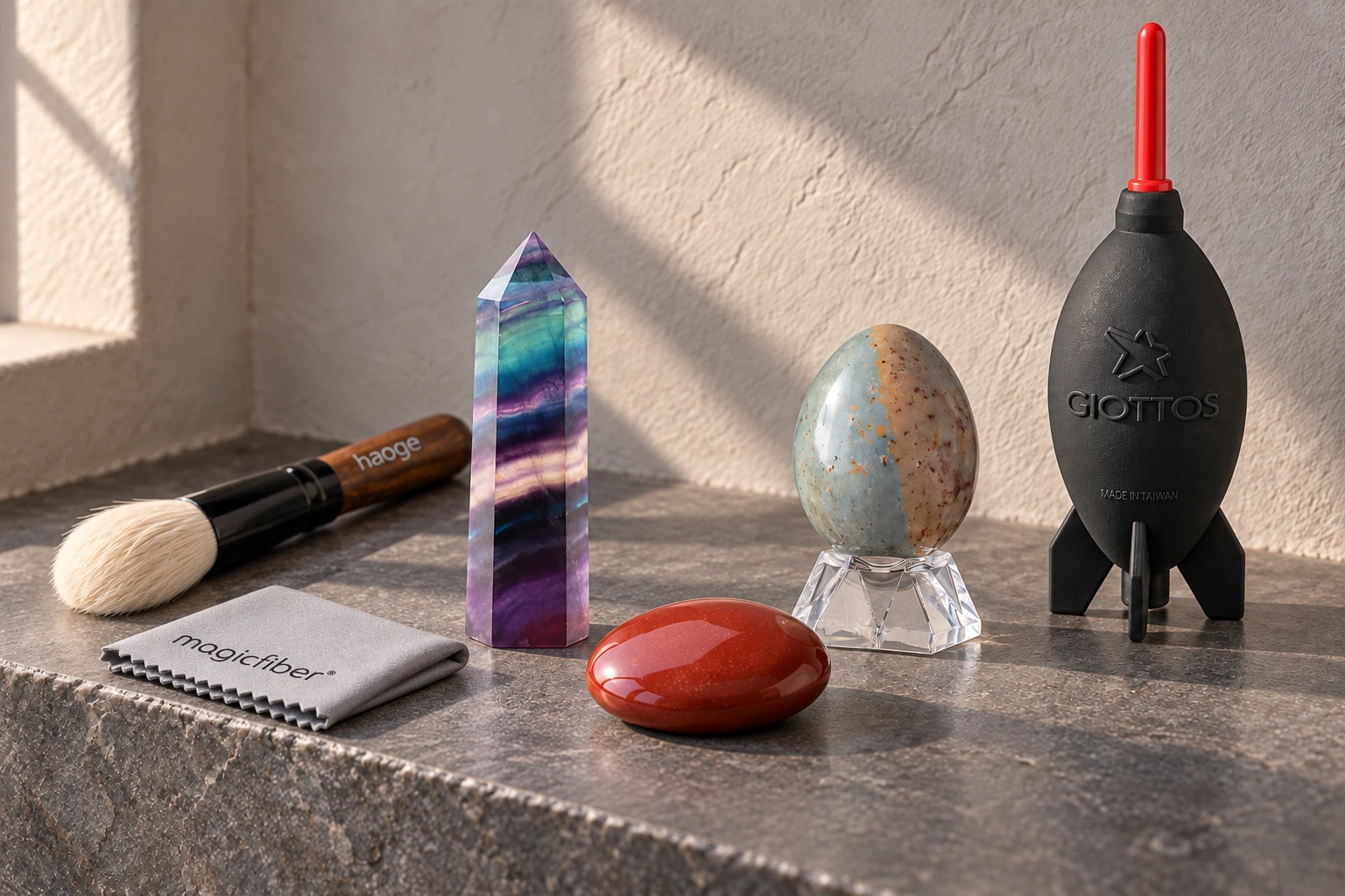 On one dark stone alcove ledge, a violet and teal fluorite point, a blue-tan ocean-jasper egg on its clear faceted stand and a flat red jasper oval sit dry beside a cream-bristle brush, black red-nozzle rocket blower and one folded grey microfiber cloth.