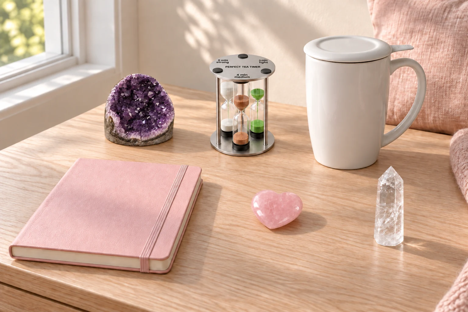 A blush journal, white tea mug and triple tea timer with rose quartz, amethyst and clear quartz on an oak window-seat table in morning light.