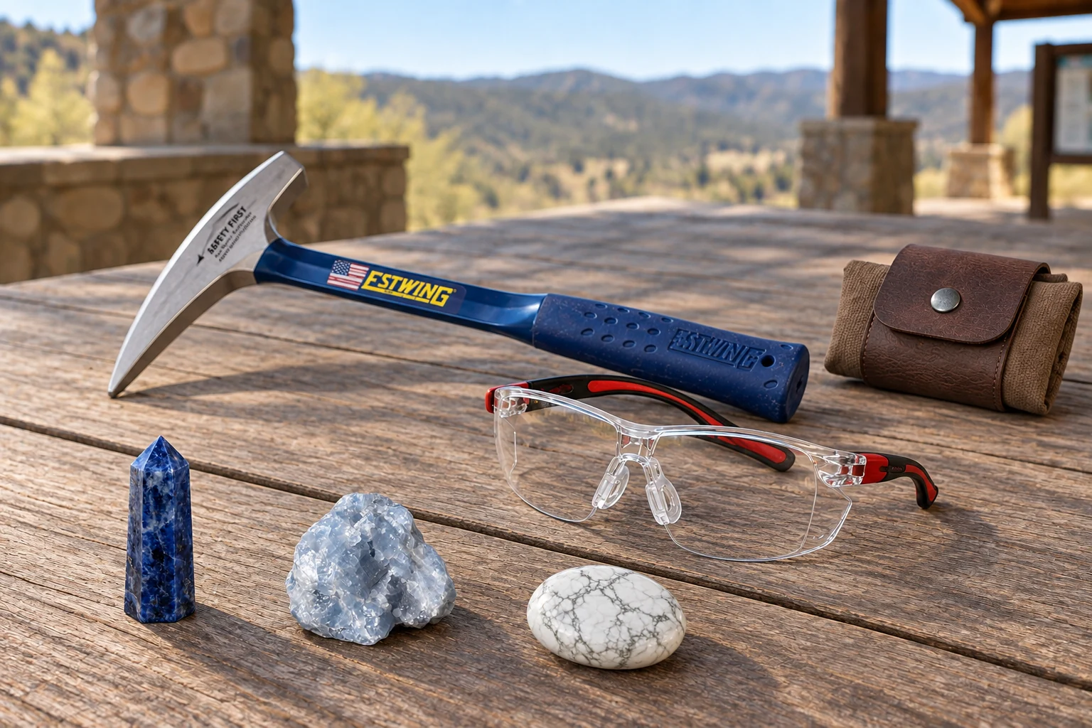 A sodalite tower, pale rough blue calcite and veined howlite palm on a trailhead table with an Estwing pick, clear safety glasses and a folded waxed-canvas pouch.
