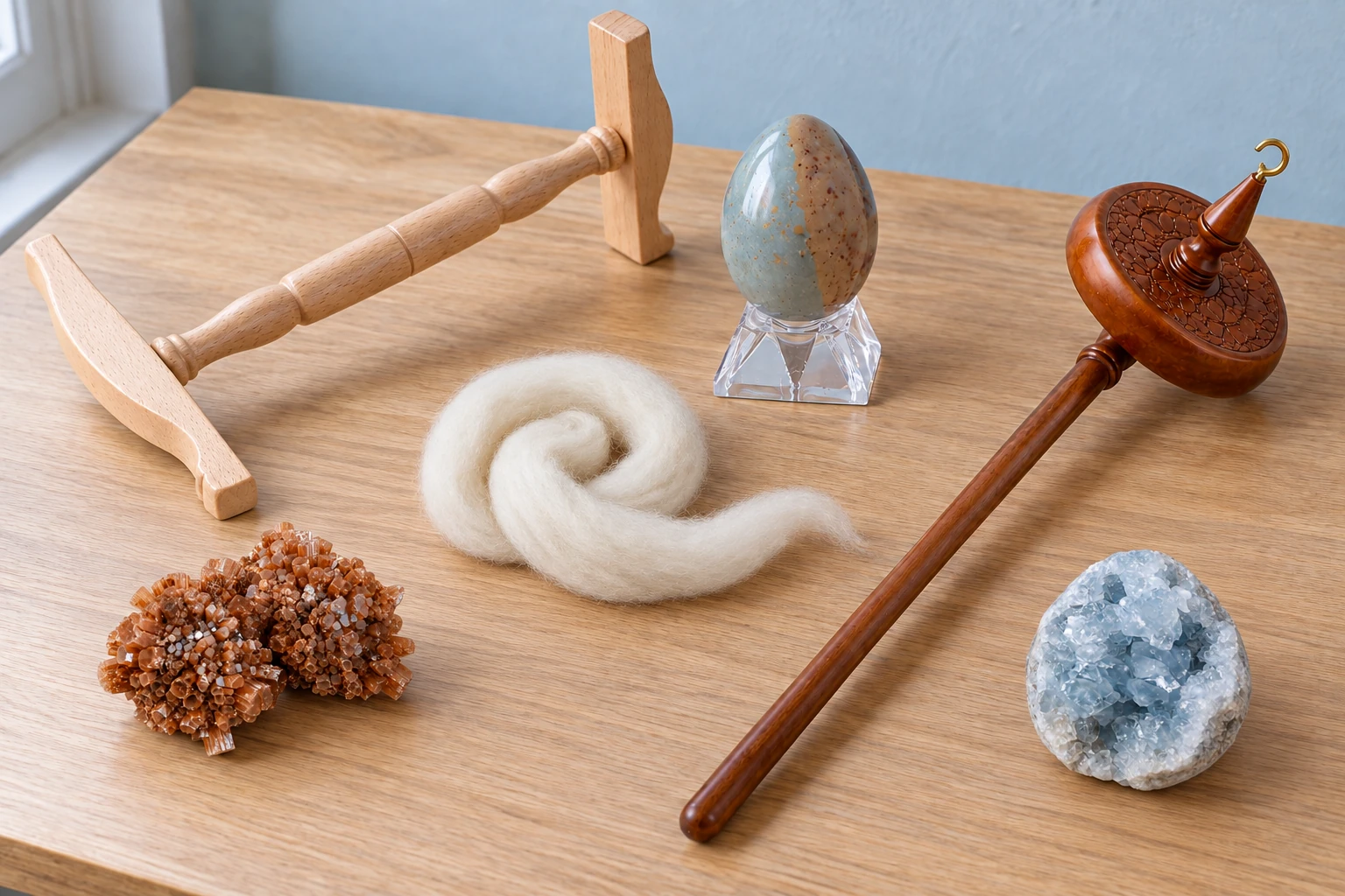 Honey aragonite, a blue-tan ocean-jasper egg on a clear stand and pale celestite sit among an empty beechwood skein winder, bare carved drop spindle and a loose curl of off-white wool roving on a sunlit fiber worktable.