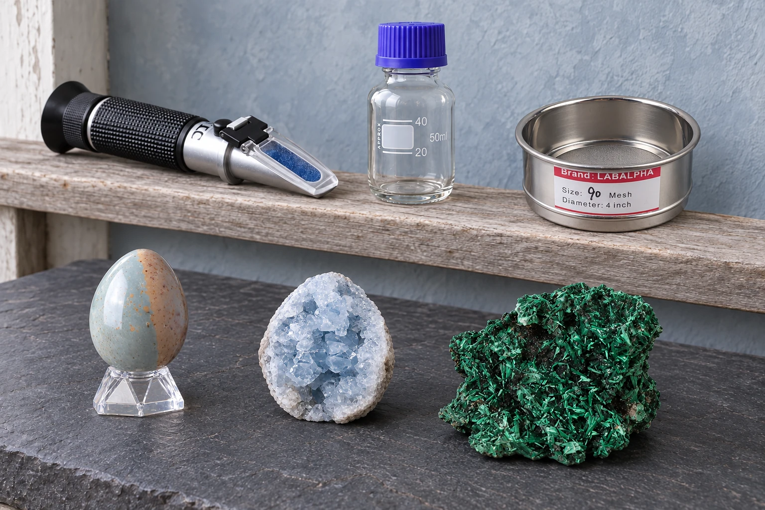 Three dry specimens—a blue-tan ocean-jasper egg on clear stand, a pale celestite geode and raw green malachite—sit on dark slate below a refractometer, empty graduated bottle and steel test sieve on a raised wood rail.