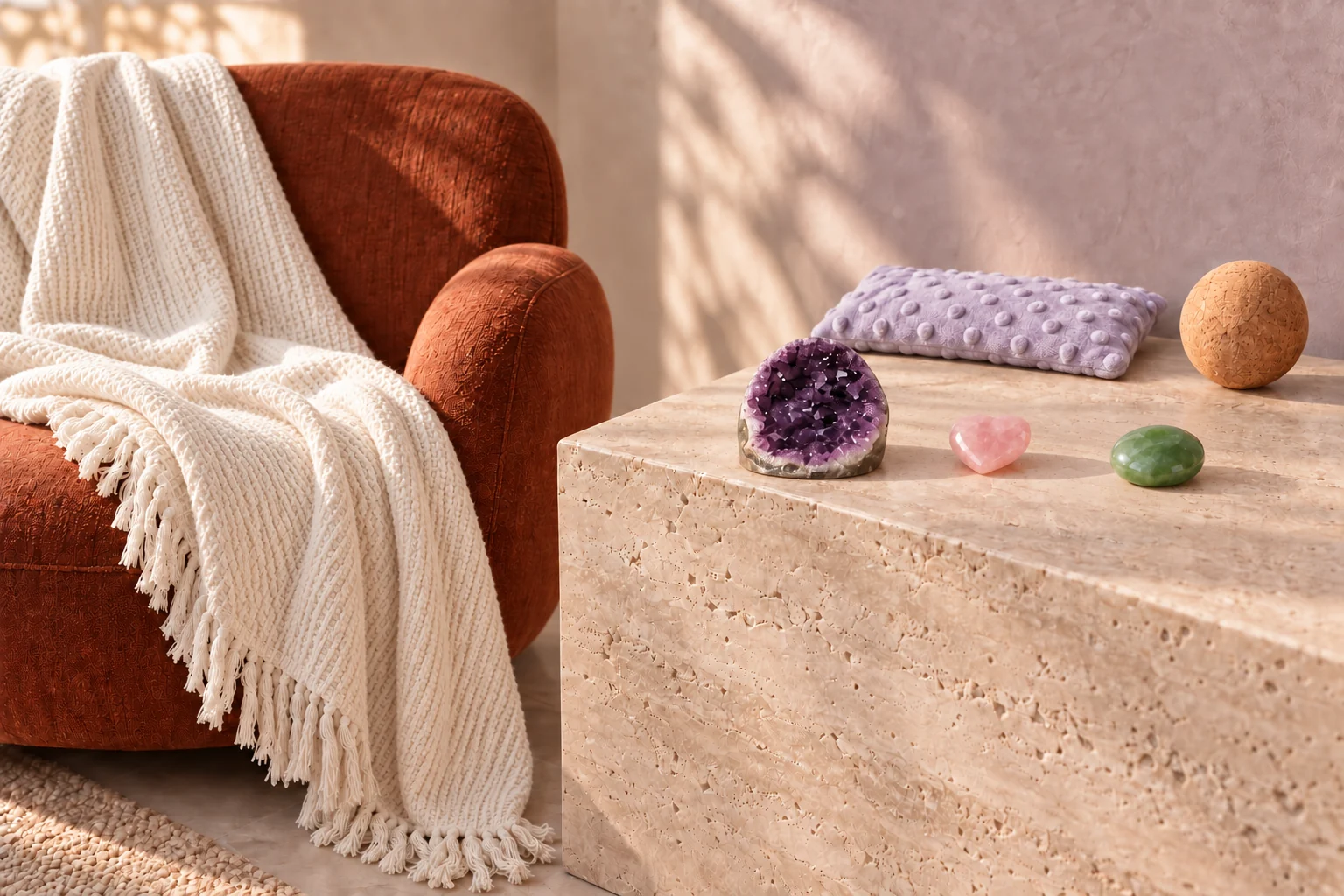 An ivory ribbed cotton throw on a rust reading chair beside a dry travertine ledge with lilac eye pillow, cork ball and three small stones.