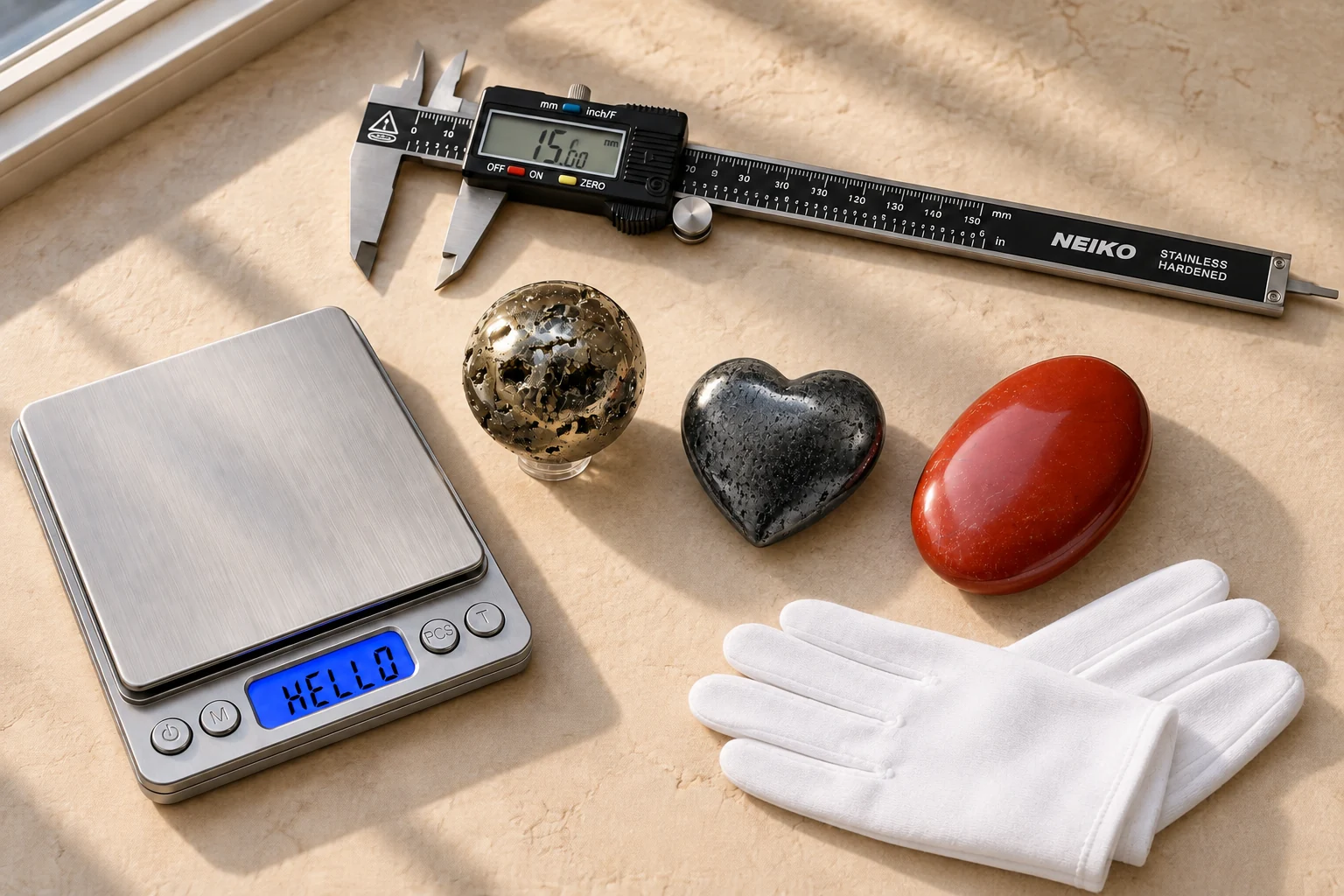 A pitted metallic pyrite sphere, dark hematite heart and red jasper palm lie between a silver gram scale and steel caliper on a sunlit geology desk, with a folded pair of white gloves nearby.